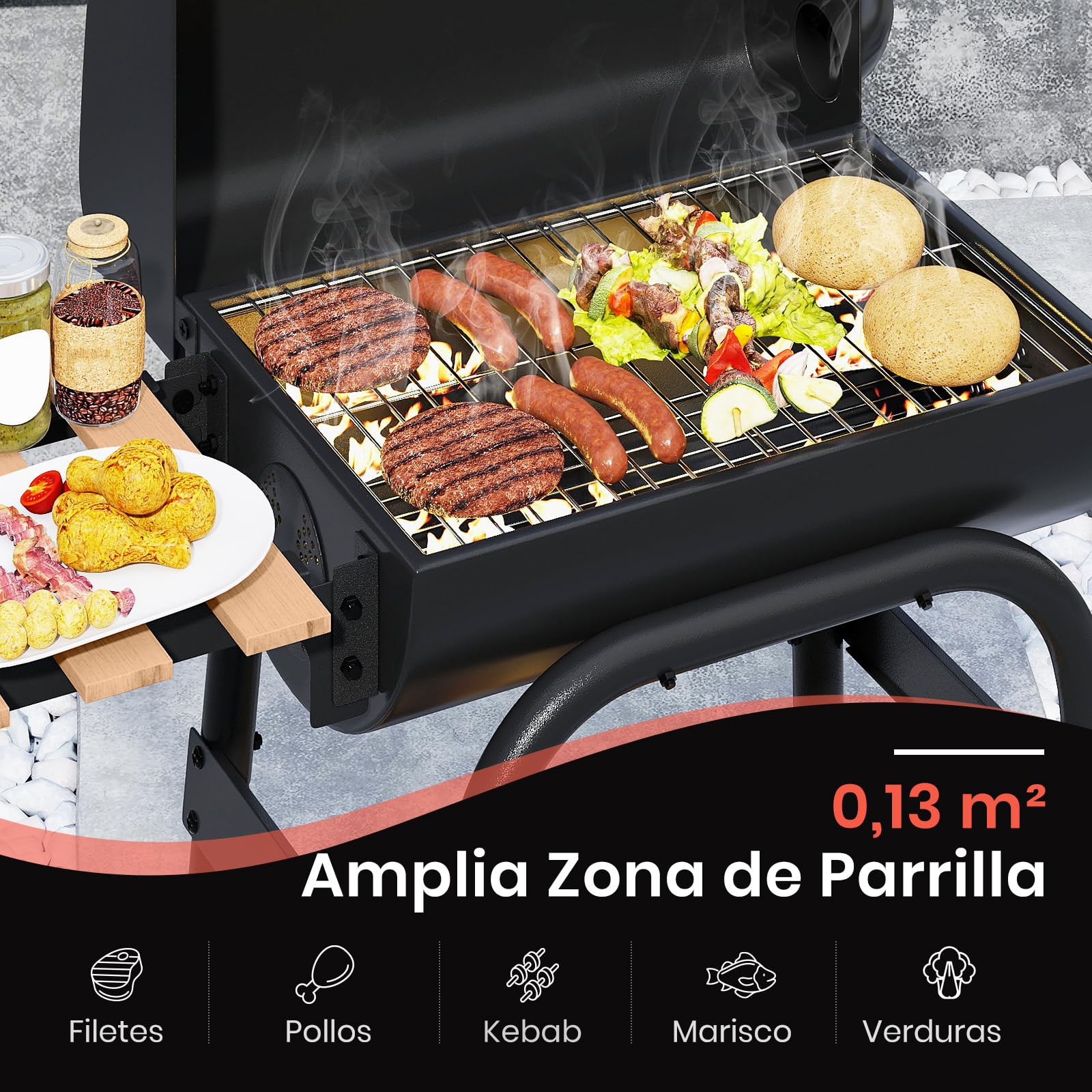 GOPLUS Parrilla de Carbón Portátil, Barbacoa al Aire Libre con Termómetro y Mesa Lateral Plegable, Estante de Almacenamiento y Ruedas para Patio Jardín Camping Picnics