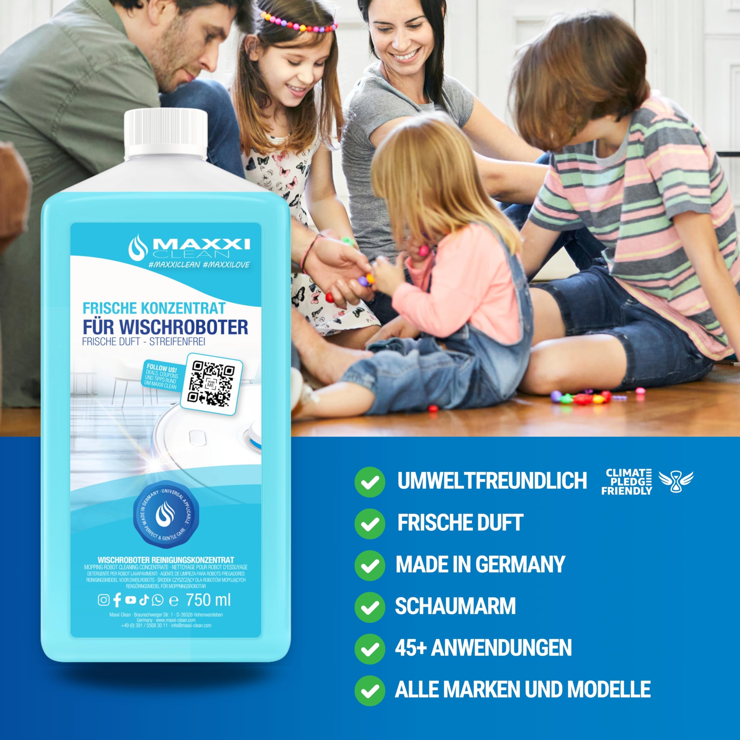 Maxxi Clean | 12x 750 ml Bodenreiniger mit Frische-Duft | geeignet für alle Wischroboter | Universal Reiniger Konzentrat | Wischflüssigkeit für Boden, Parkett, Fliesen | Saugwischer-Reinigungsmittel