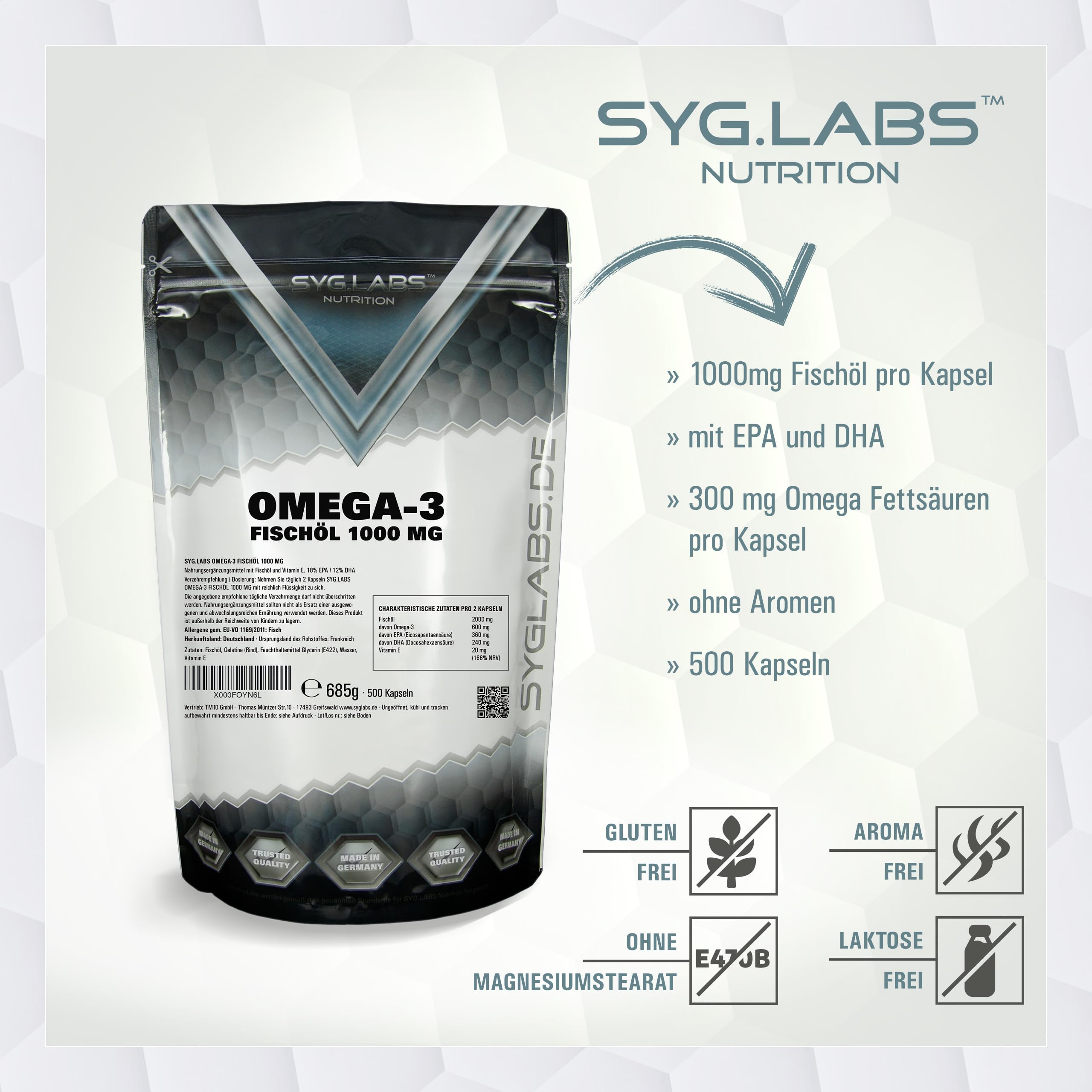 Syglabs Omega 3 Fischöl 1000mg - 500 Kapseln - mit 2000mg pro Tagesdosis - enthält 360 mg EPA & 240mg DHA - hochwertige Omega-3 Fettsäuren - laborgeprüft