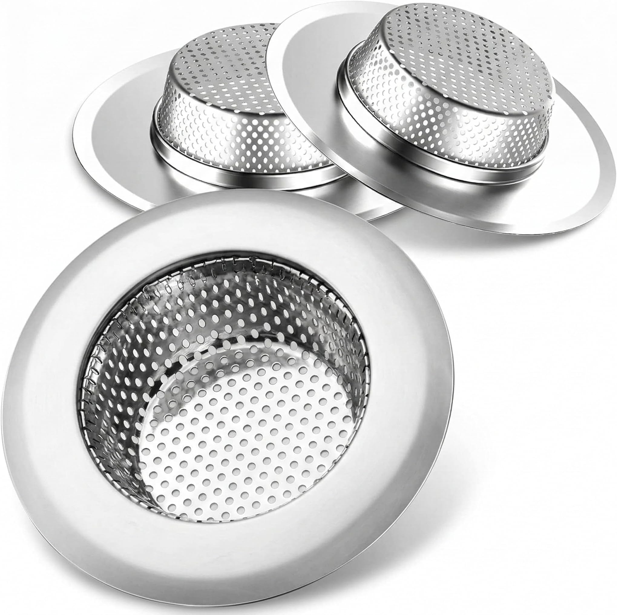 Helect 3-Pack Kitchen Sink Strainer, Stainless Steel Drain Filter with Large 4.5" Wide Rim, Dishwasher Safe, Anti-Clog Perforated Basket for Standard Drains, Garbage Disposals & Utility Tubs