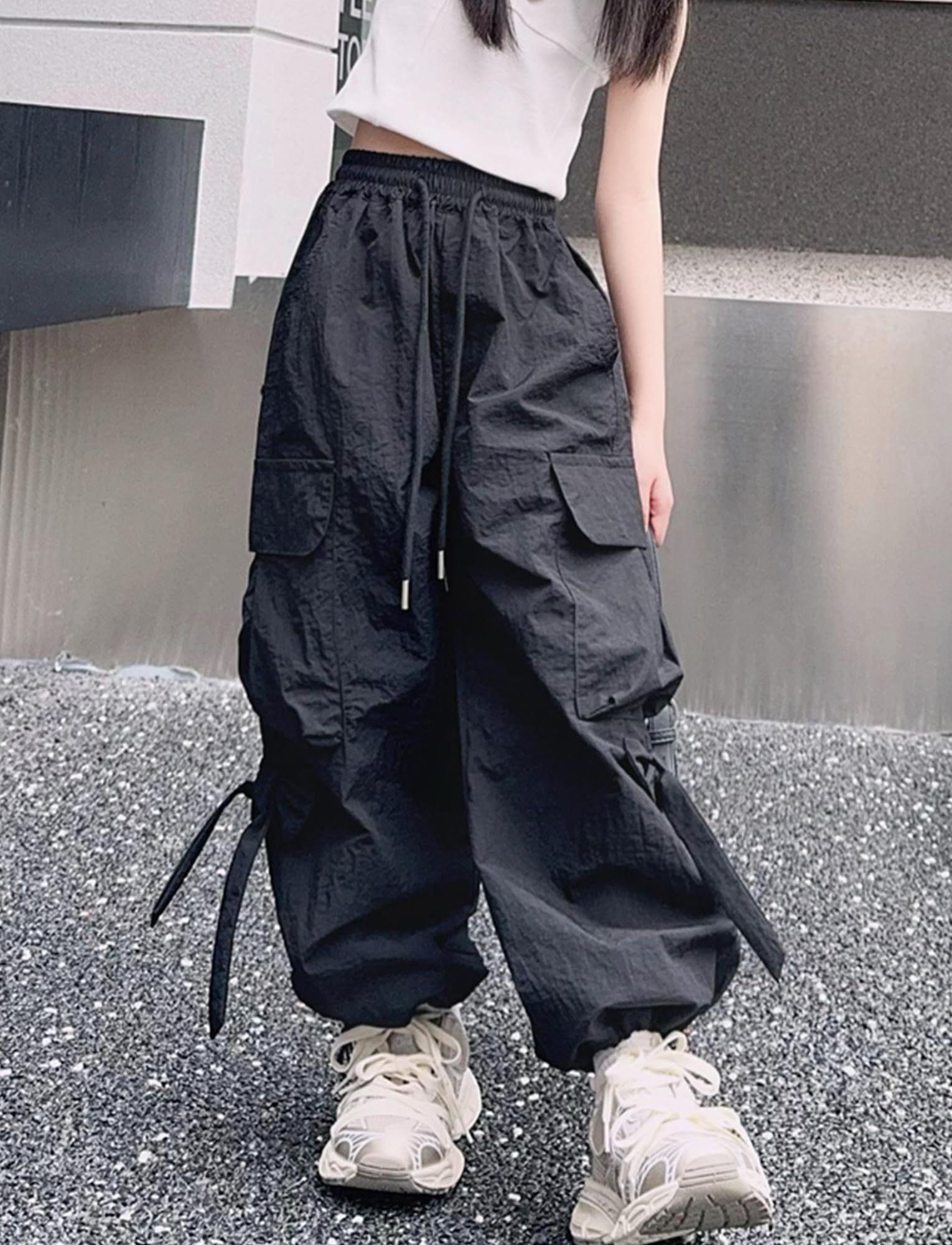 SEAUR Dziewczęce luźne spodnie cargo Y2K Hip Hop Streetwear dziecięce spodnie z elastyczną talią lekkie cienkie lato 5-14 lat