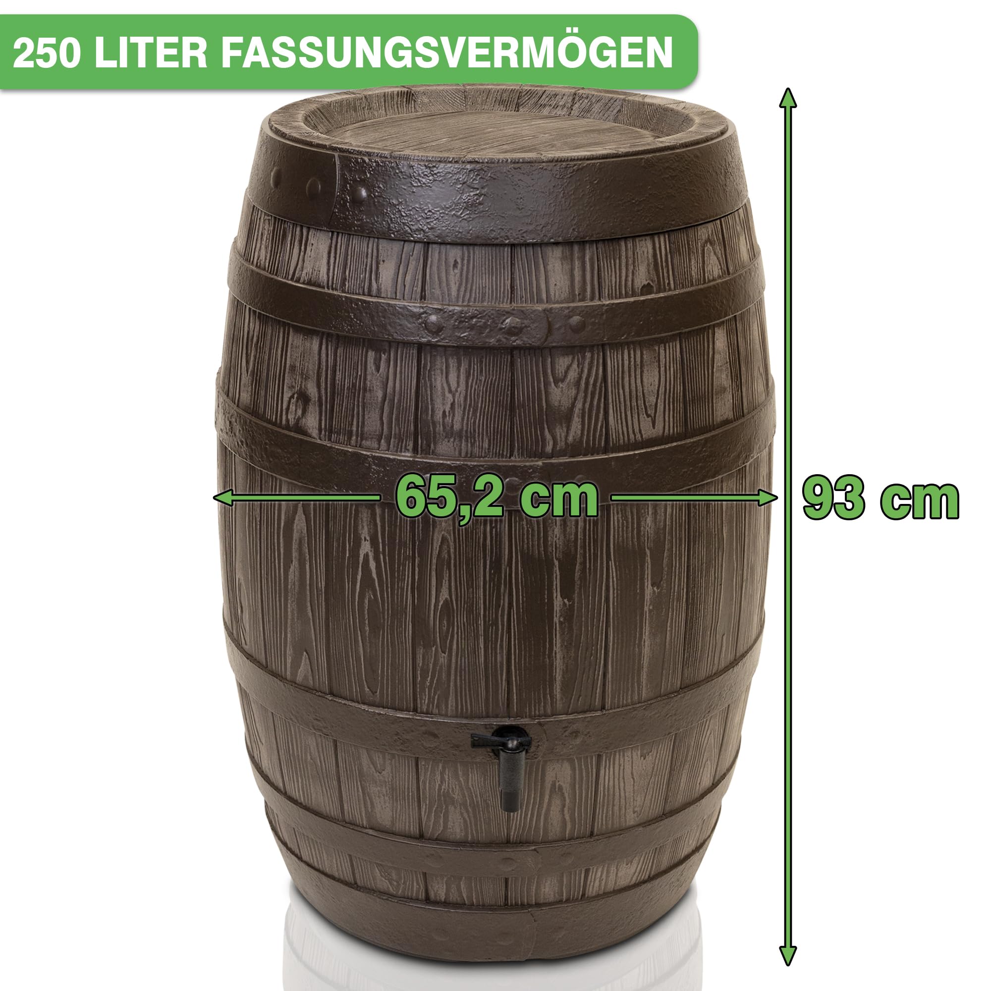 YourCasa Regentonne 250 Liter [Barrel] mit windsicherem Deckel - Regenfass Frostsicher aus Kunststoff in Holzoptik - Regenwassertonne - Regenwassertank Garten - Holz Weinfass Wasserfass Holzfass