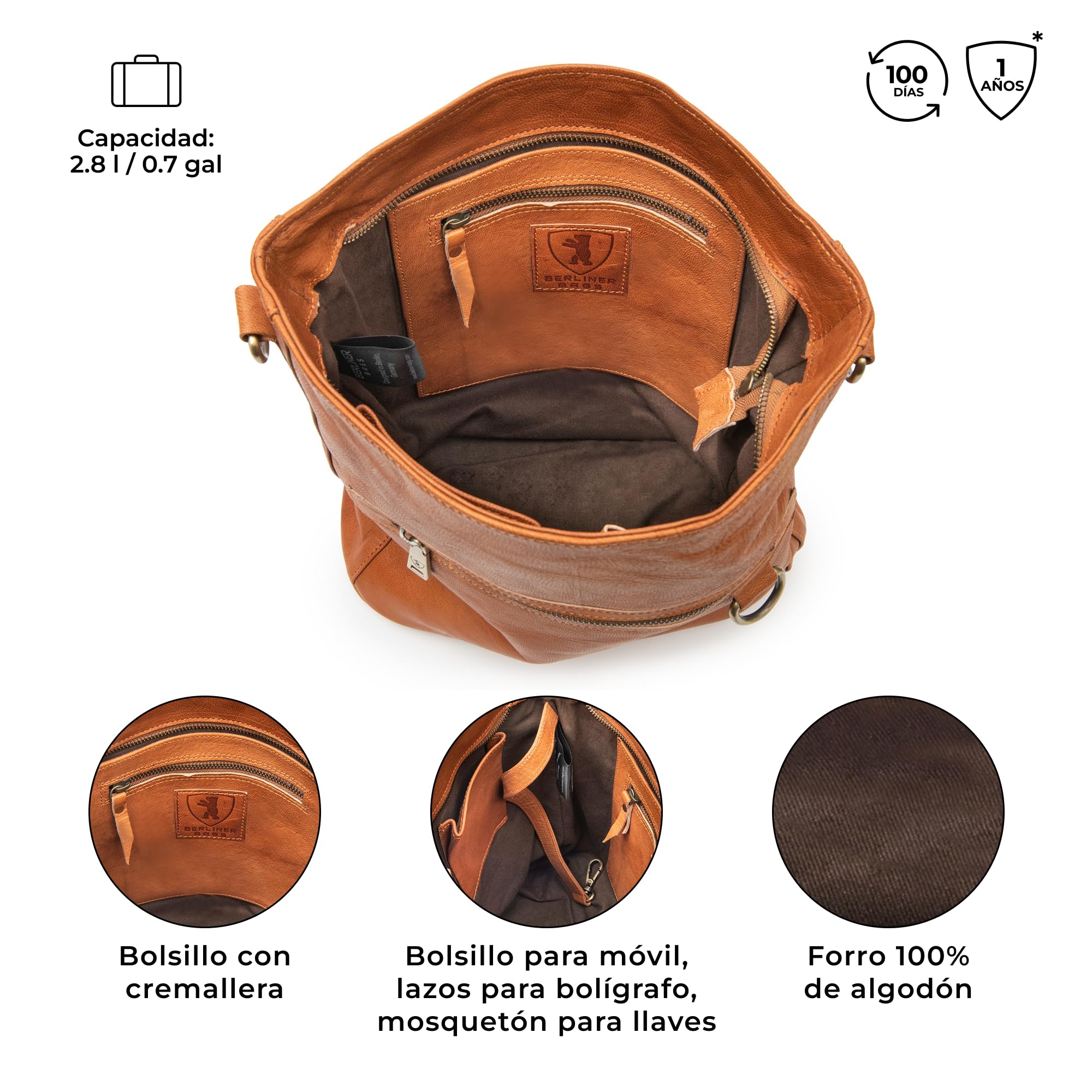 Berliner Bags Siena Bolso Bandolera Hobo Mujer Piel Auténtica Mediano YKK