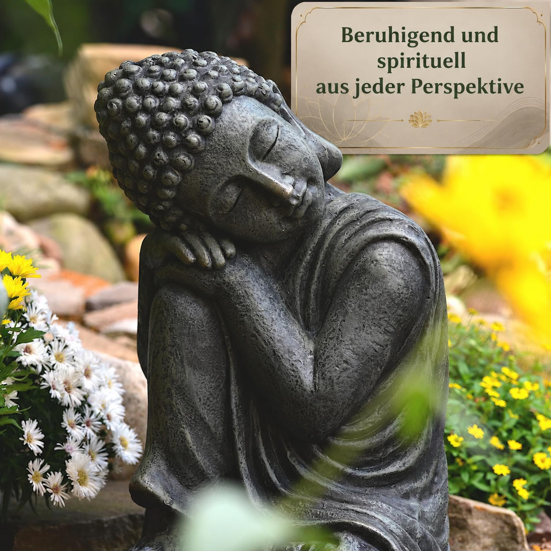 Garten-Buddha Figur 44 cm Schlafend – Buddha Statue Steinoptik Steingrau – Gartendeko Dekofigur Skulptur für Garten, Terrasse & Balkon