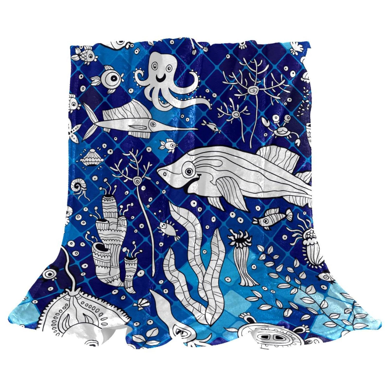 Couverture Polaire Requin et Pieuvre Plaid de Canapé Lit 150x130cm