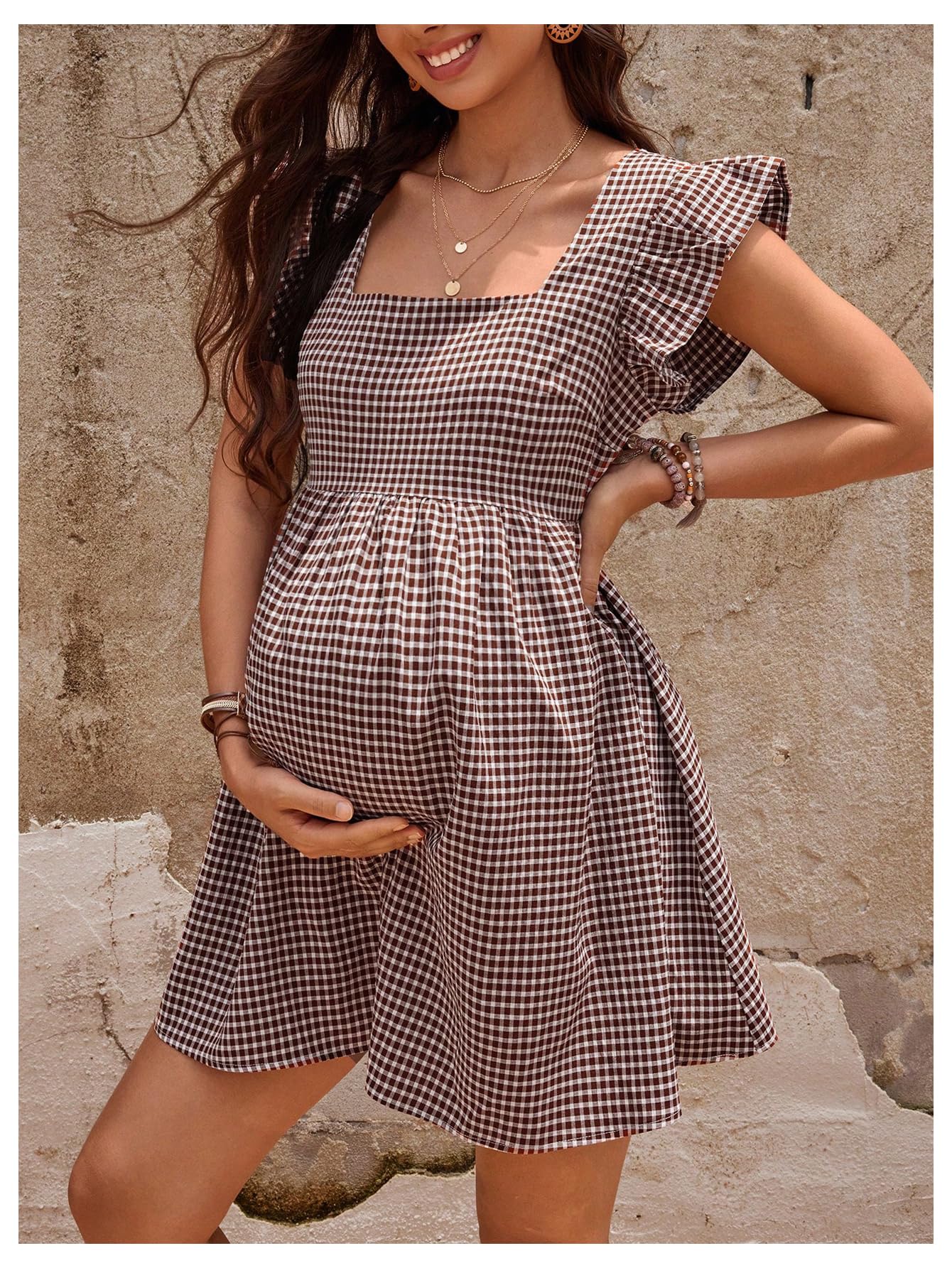 Vestido de maternidad para mujer, manga con volantes, cuello cuadrado, vestido corto de verano — view 2
