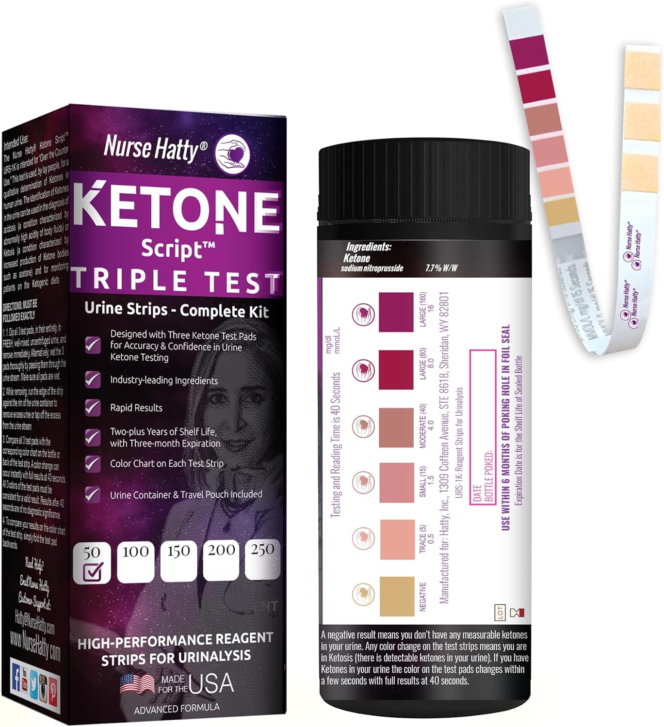 50ct T R I P L E TEST Ketone Strips Complete KIT 3X Urine Accuracy for Ketogenic