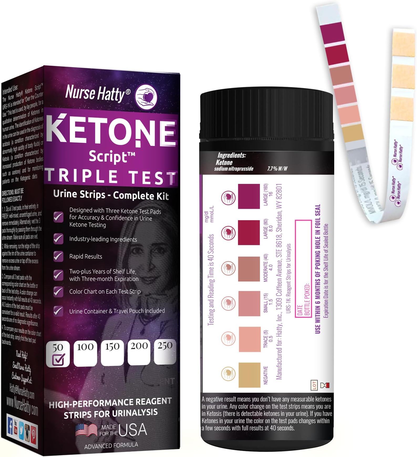 50ct ✓✓✓ T R I P L E Test Ketone Strips | Complete KIT | 3X Urine Accuracy for Ketogenic, Ketosis, Low-carb, Paleo & Keto Diets | Urinalysis Test Tube, Travel Pouch & Built-in Color Chart | XL Strip