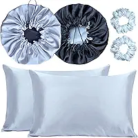 Kit 2 Fronha De Cetim Seda + 2 Toucas + 2 Xuxinhas (Prata/Preto)