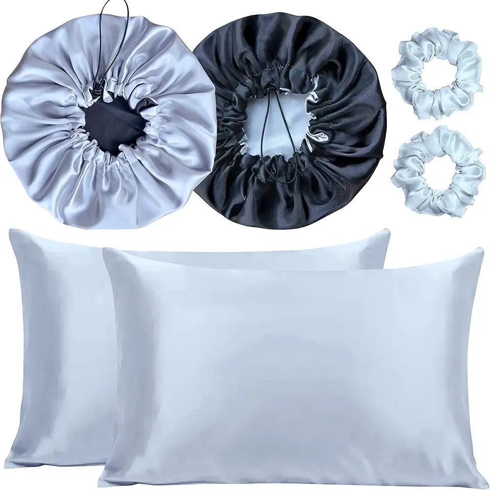 Kit 2 Fronha De Cetim Seda + 2 Toucas + 2 Xuxinhas (Prata/Preto)