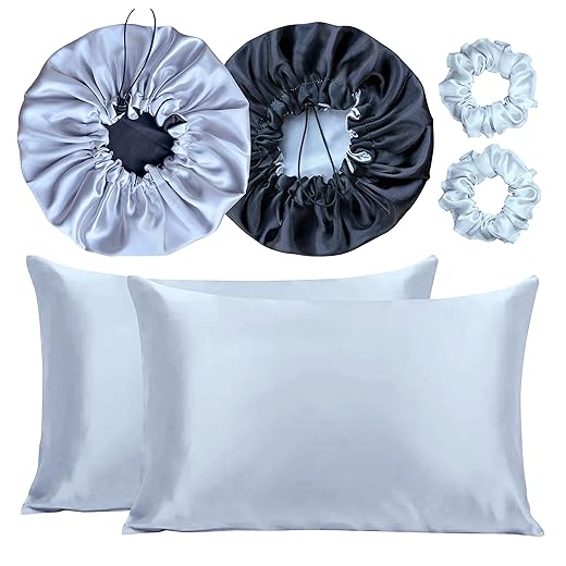 Kit 2 Fronha De Cetim Seda + 2 Toucas + 2 Xuxinhas (Prata/Preto)