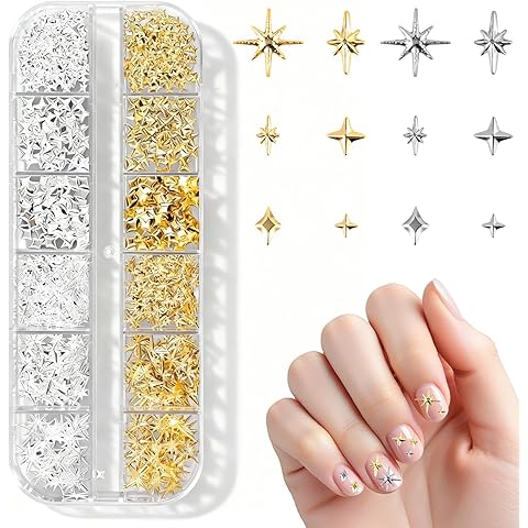 2500Pcs Star Nail Charms, Gold & Silver 3D Metal Star Gems Supplies, Shiny Manicure...