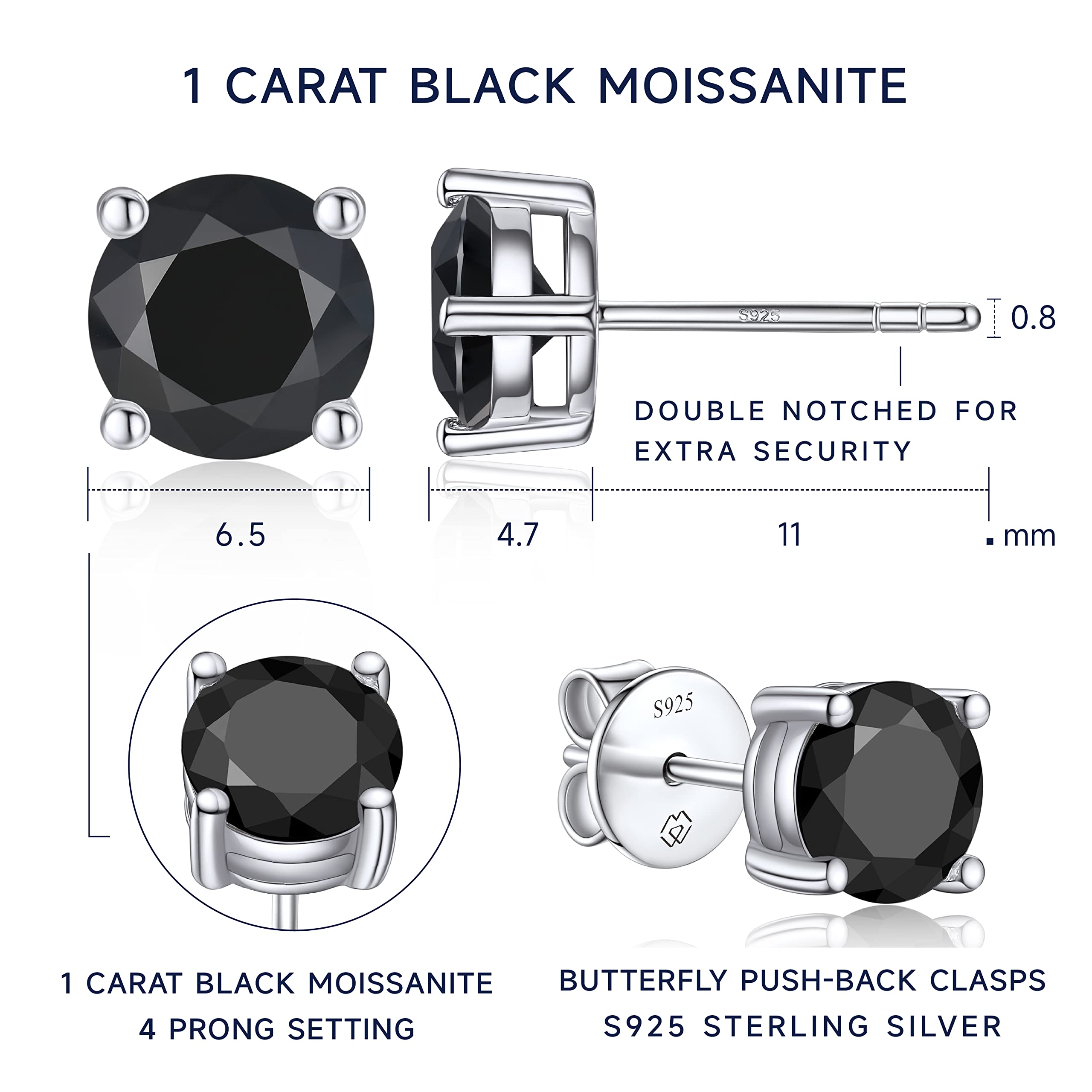 MomentWish Orecchini Uomo Neri, 1-2 Carati Moissanite Diamante Orecchino Argento 925 Donna Brillanti Punto Luce Regalo Uomo per Lui 5/5.5/6.5mm