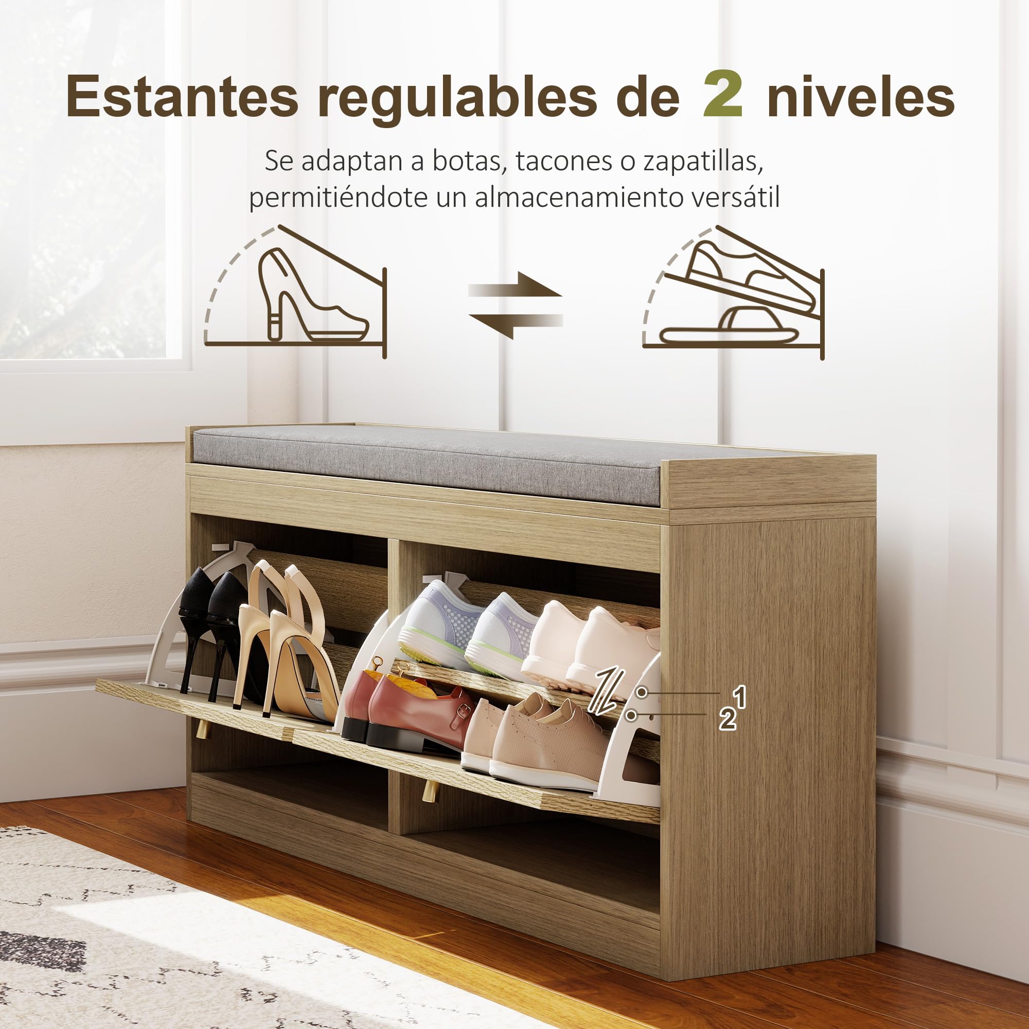 HOMCOM Banco Zapatero Bohemio con Asiento Acolchado 105x35x47 cm Natural | Banco Recibidor, Puertas Frentes de Ratán, Estante Ajustable, para 8 Pares de Zapatos, para Entrada
