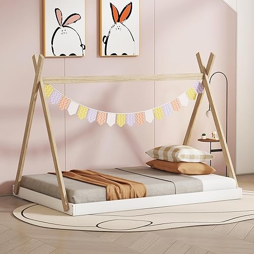 Harper & Bright Designs Cama tipo tipi de tamaño matrimonial para niños, marco de cama de piso completo con estructura triangular, cama de piso
