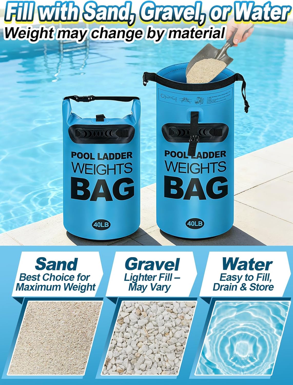 Cosweet 2 Pack Heavy Duty Pool Ladder Weights - 40lb Easy to Fill Anchor Bags, 500D PVC Waterproof Sand Bags with Handles & Secure Buckle Closure to Stabilize Above Ground Swimming Pool Steps