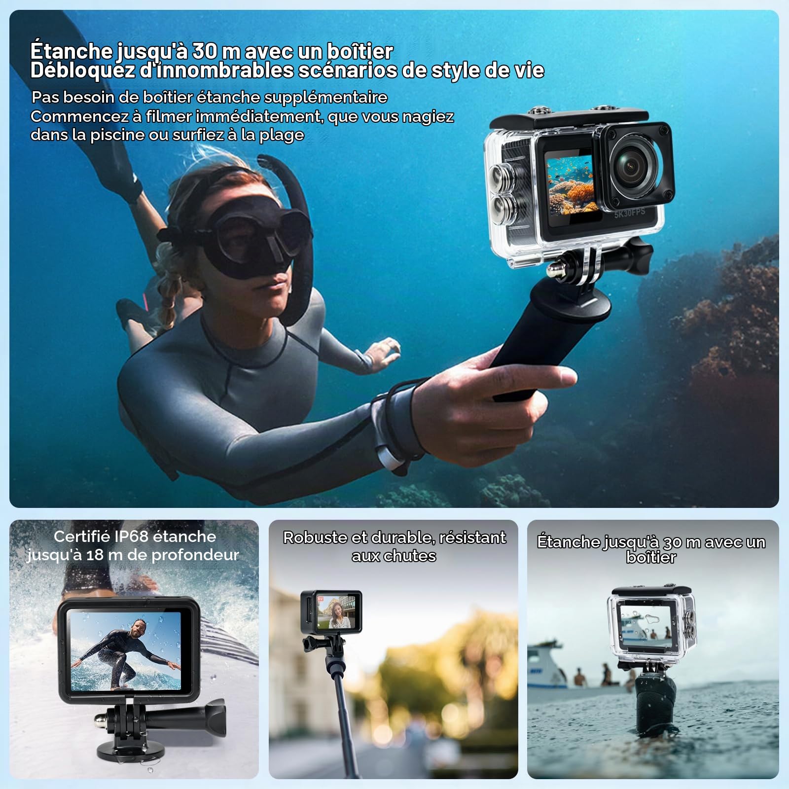 AIKER Camera Sport,Version Pro Camera Vlog Assistance 5k30FPS Photo 64MP/3.0EIS/Trè Longue Autonomie/Grand Angle 130°/Action Cam Étanche/Support Aimanté Original Cameras Moto pour Moto,Vélo EtOutdoor