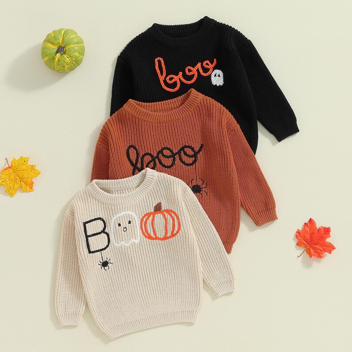 Little Kids Boy Girl Halloween Outfit Pumpkin/Boo Embroidery Knitted Sweater Warm Fall Winter Pullover Tops 12M-5T