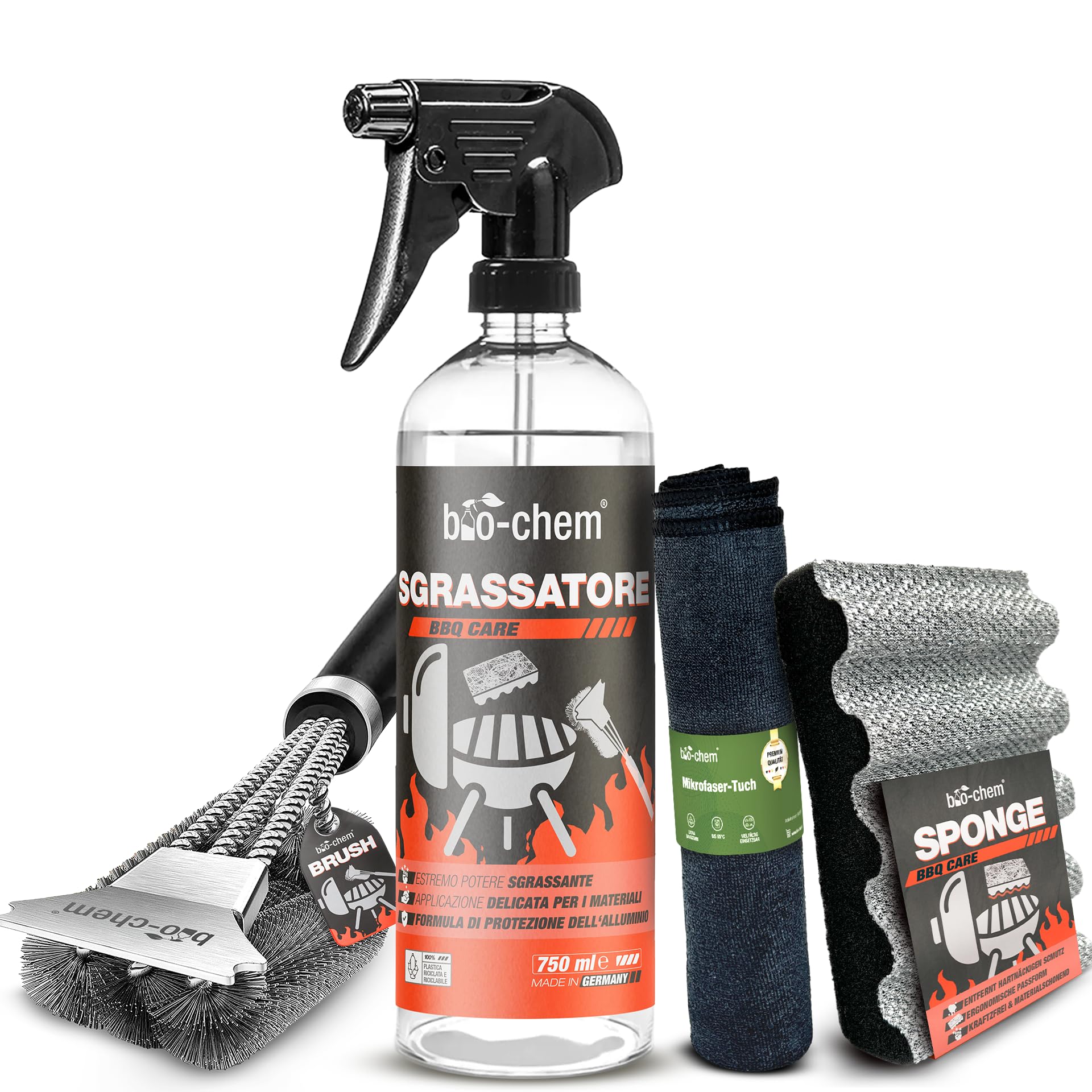 bio-chem - Detergente per Barbecue 750ml + Spazzola, Panno e Spugna - Spray per BBQ Pronto all'Uso, Ideale per L'Estate - Pulitore sgrassante per Griglie di Barbecue
