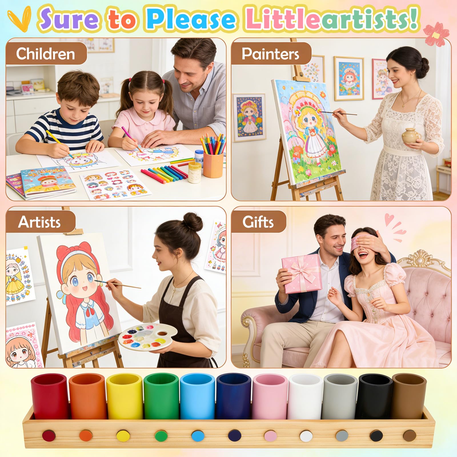 Portapenne e organizer da scrivania in legno massiccio, 11 scomparti, 46 x 5,8 x 8 cm, in legno con finestrelle, portapenne per scuola, home office e cameretta dei bambini