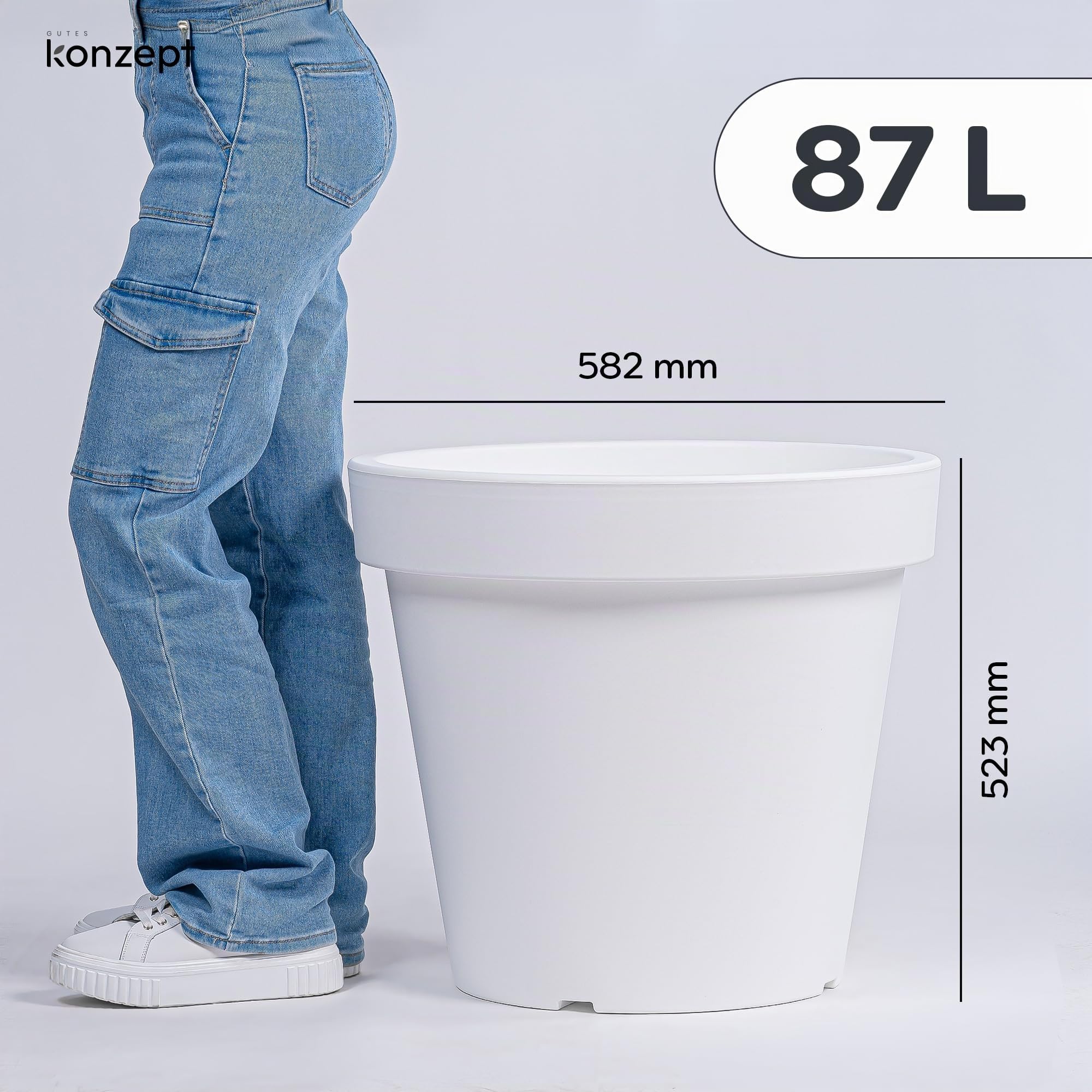 KONZEPT Macetero de 58 cm de diámetro, altura de 52 cm – Macetero grande exterior 87 L en forma cónica, macetero exterior robusto y estable de plástico, resistente a los rayos UV y a las heladas, para