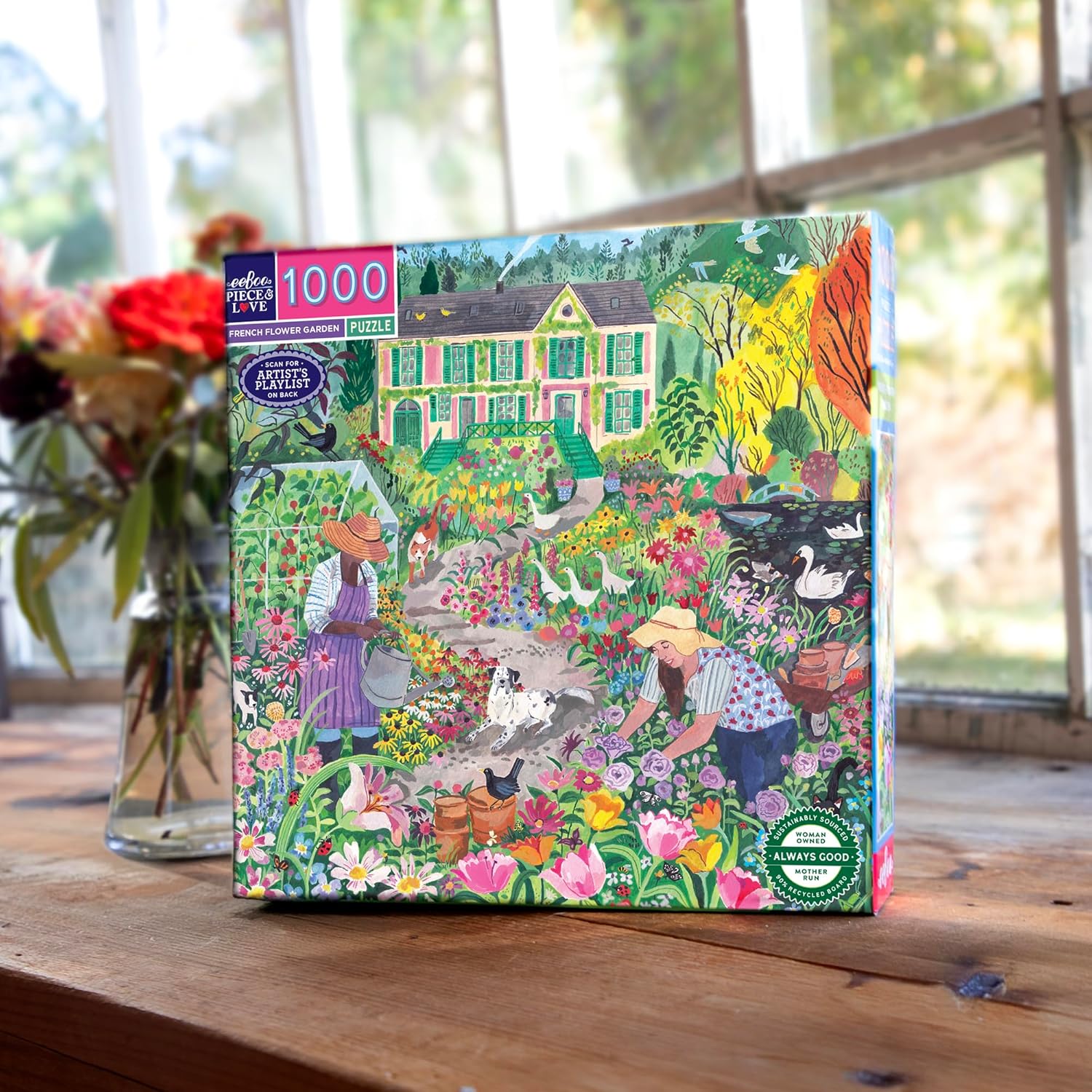 eeBoo 1000 Piece Puzzle - French Flower Jigsaw Puzzle for Adults, Square 23" x 23" Made with Recycled Board & Vegetable-Based Ink