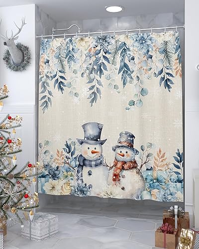 Miniatura 3 de Cortina de ducha de Navidad para baño, 72 x 78 pulgadas, diseño de muñeco de nieve azul de Navidad, diseño de flor de eucalipto con ganchos,