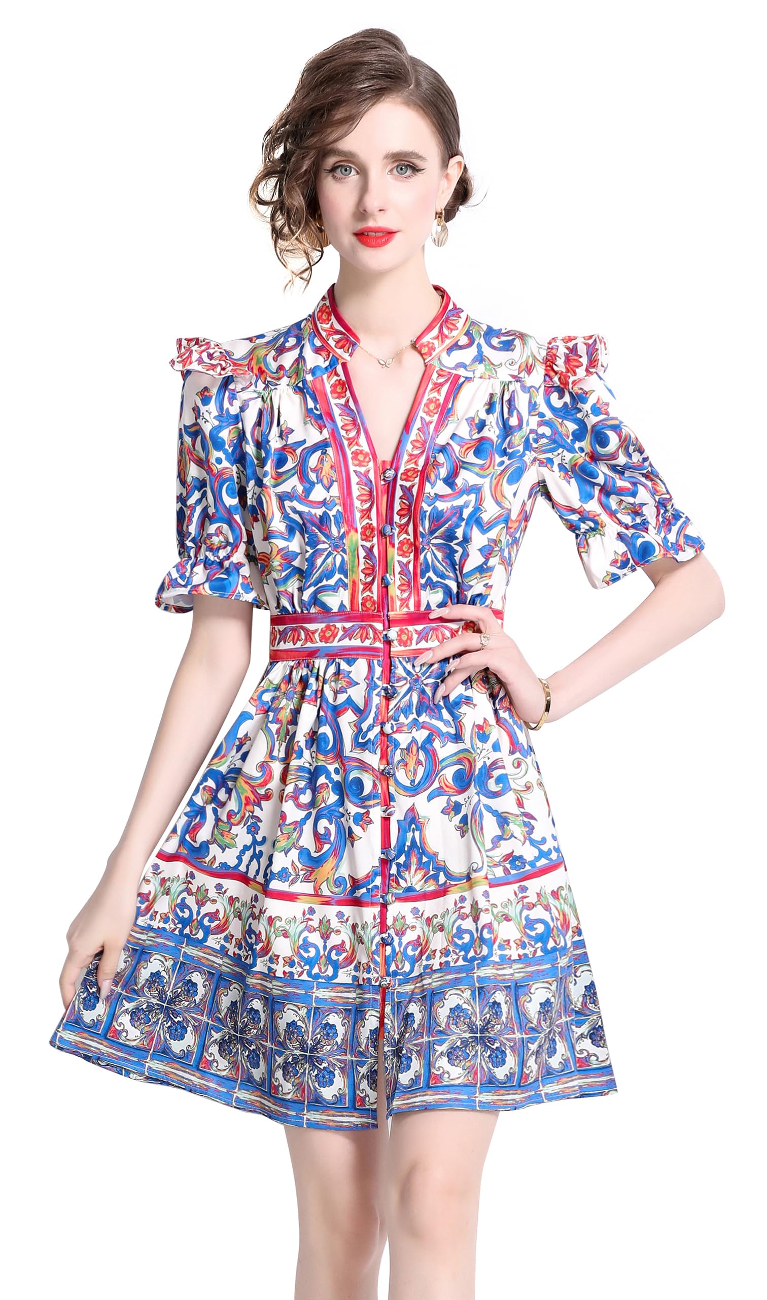 LAI MENG FIVE CATS Vestido corto para mujer, con estampado floral, manga farol, volantes, casual, con botones, cinturón, ajuste holgado