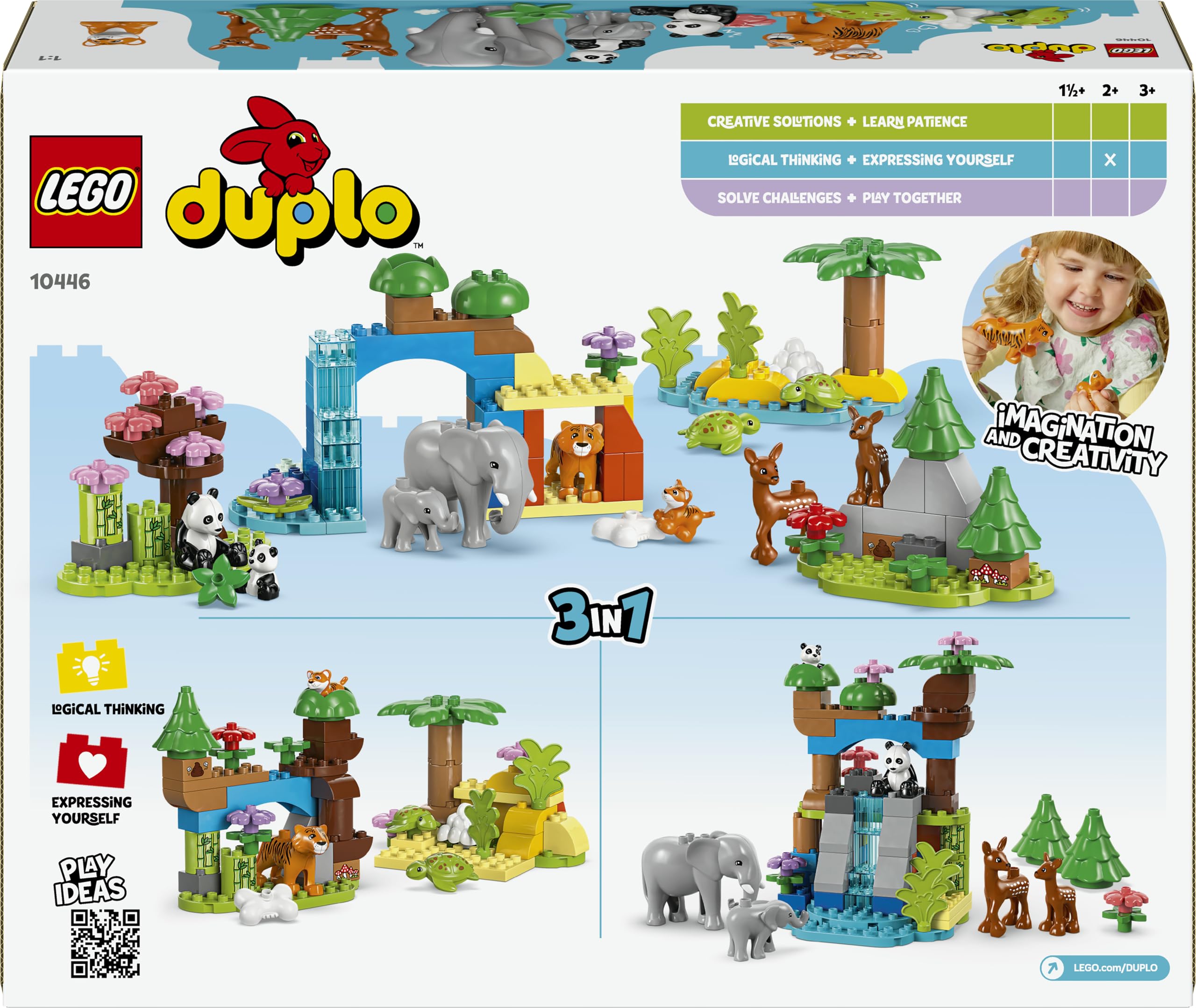 LEGO Duplo Familles d’Animaux Sauvages 3-en-1 - Jouet Éducatif pour Enfants dès 2 Ans - Figurines de Tortue, Tigre, Éléphant, Daim & Panda avec Habitats Constructibles - Cadeau Fille ou Garçon 10446