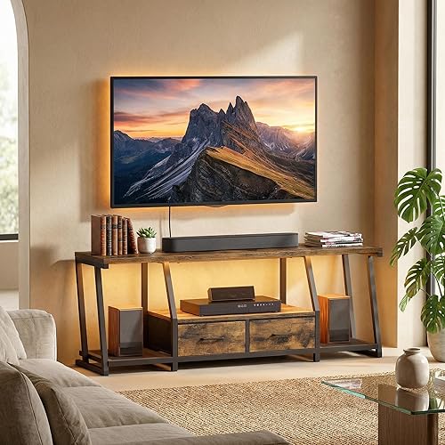 Miniatura 12 de Soporte de TV LED para televisor de 75 pulgadas, centro de entretenimiento con estantes abiertos y tomas de corriente, mesa de consola de TV con