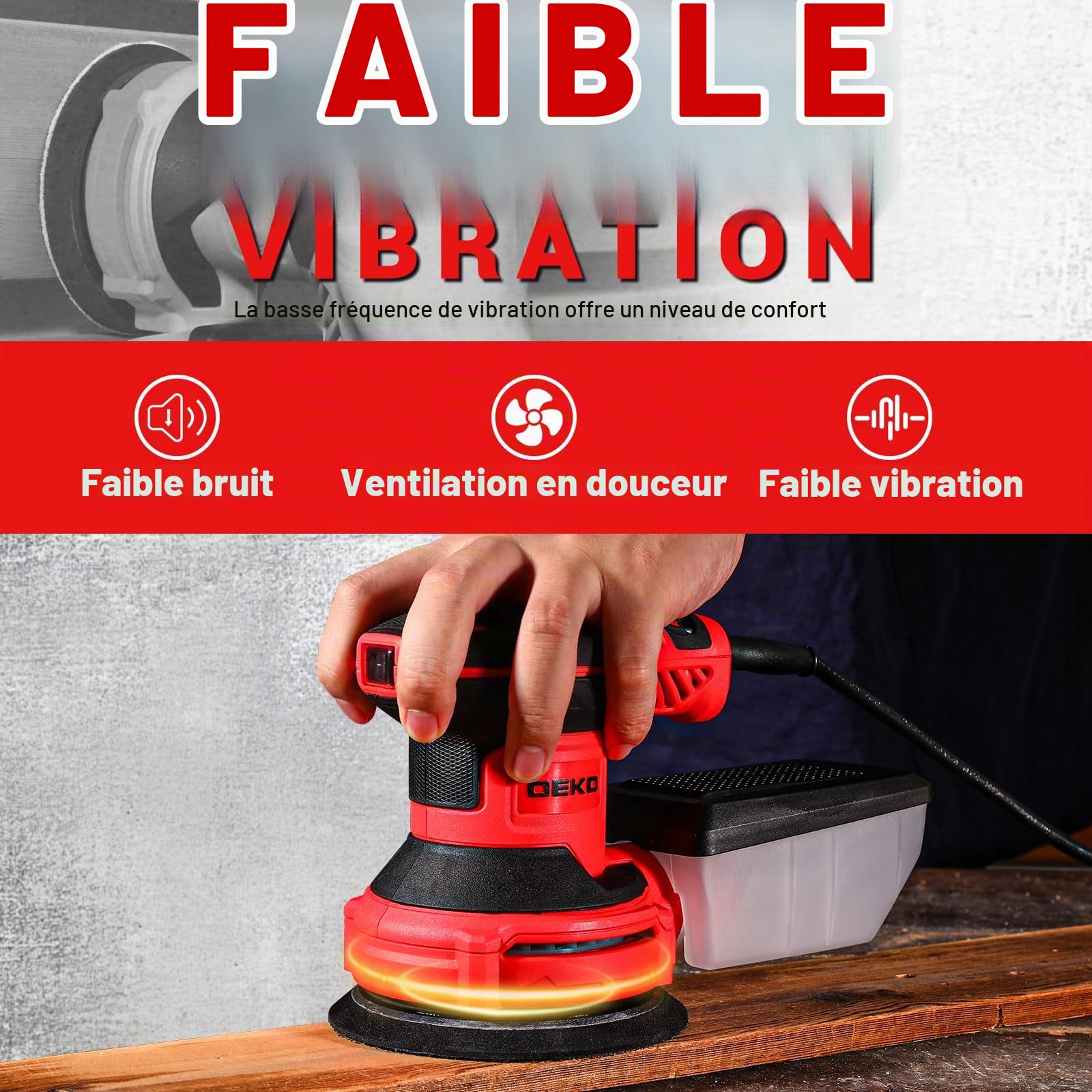 DEKOPRO Ponceuse Excentrique 300W - Ponceuse Electrique 125mm, 6 Vitesses, 14000RPM, Papier Abrasif 16 Pièces, Collecteur de Poussière, Trois Pinceau Plats, pour Surfaces en Bois et Acier, Rouge