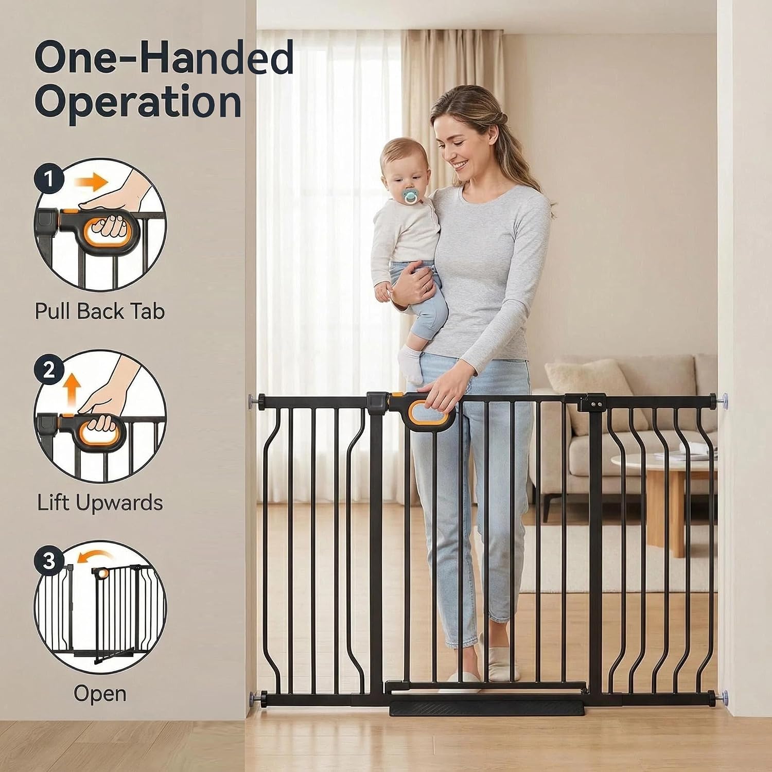 Baby Gates Extra Wide with Door 29.1-57.5 Inch Extra Wide Pressure Mounted Baby Gate Dog gate for Doorways Indoor Metal Gate No Drilling with Walk-Through Door,Black
