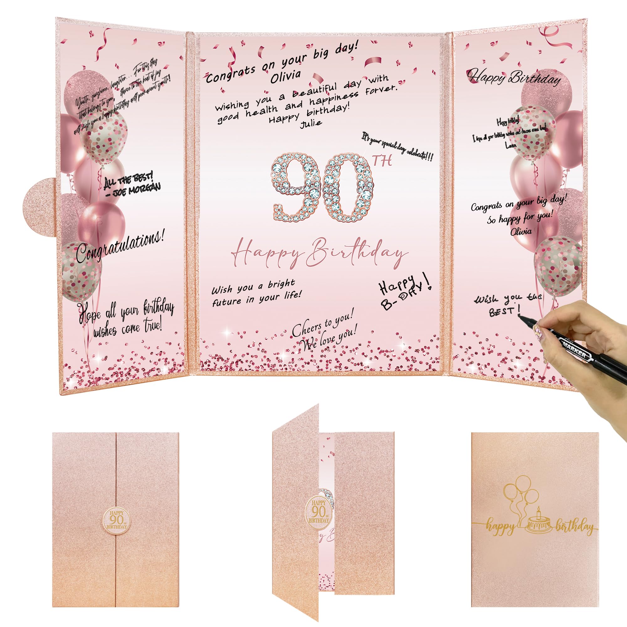 DARUNAXY Rose Gold 90th Birthday Party Decorations, Happy 90th Birthday Alternative Signature Guest Book for Women Pink Cheers to 90 Years Old Gifts 90 Birthday Signing Card Board Party Supplies