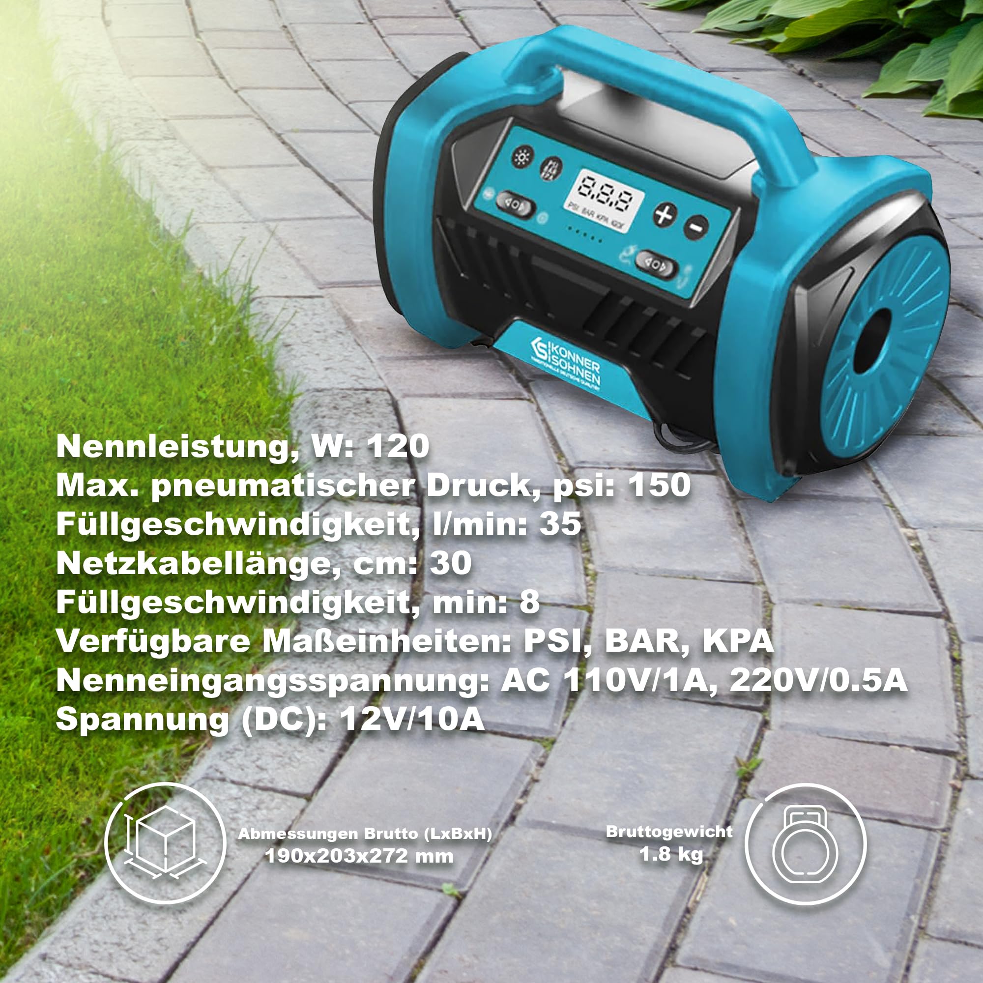 K&S Könner&Söhnen KS P30 Tragbare Elektronische Luftpumpe 12V Luftkompressor 35 l/min,auto kompressor 150 Psi,Hochdruckmodus, Kabellänge 3 m,automatische Abschaltung,Elektrisch Luftkompressor