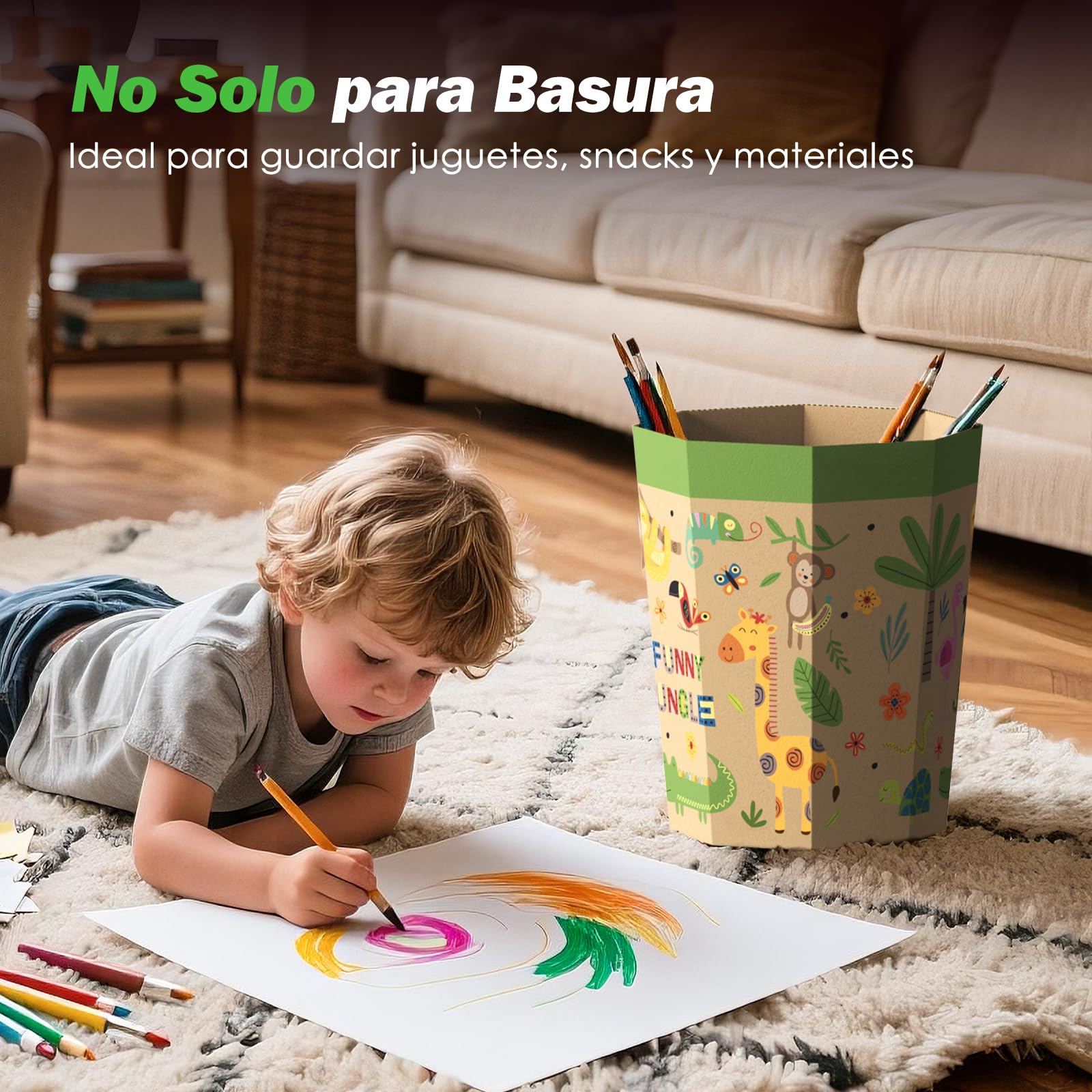 Set de 6 Papeleras de Cartón – Cubos de Basura Plegables, Reciclables, Sin Plástico y Reutilizables para Niños – Pequeñas Basurero para Dormitorios, Salas de Juegos, Habitaciones Infantiles (12L)