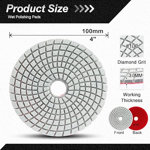 Miniatura 2 de Almohadillas de pulido húmedo de diamante, grano 100 de 4 pulgadas (3.937 in), kit de pulido para granito, mármol, piedra artificial, cuarzo para