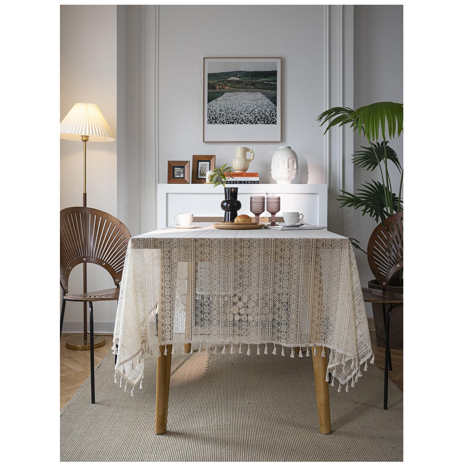 QWINEEVintage Hollow Out Tablecloth Lace Rectangle Tablecloth Stain Resistance Water Repellent and Wrinkle-Free Table Cloth Decor for Home Kitchen Dining Party Indoor and Outdoor Use Beige 59"x71"