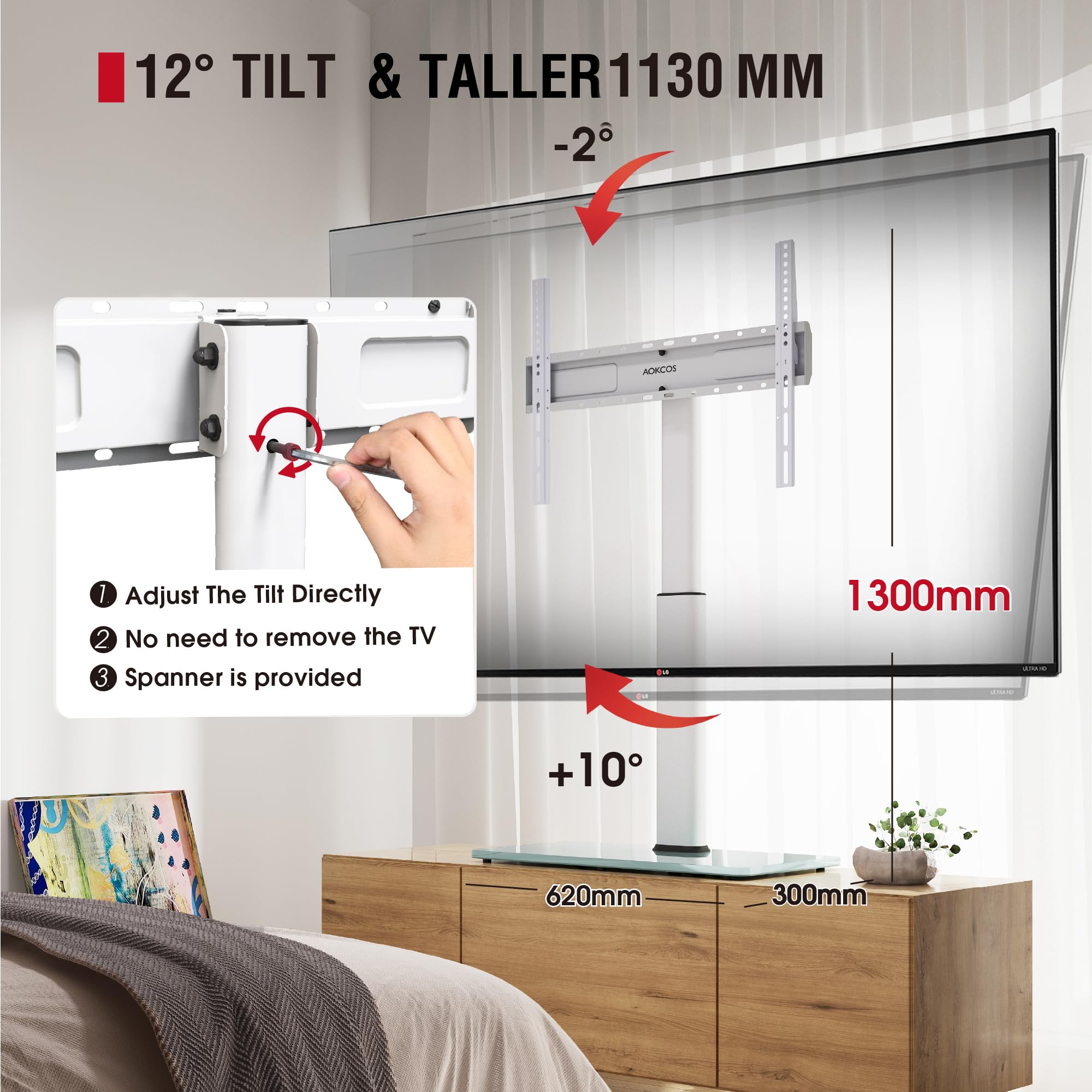 AOKCOS TV Standaard Table voor 42-85 inch TV, Draaibaar Kantelbaar Hoogte Verstelbaar TV Stand Mount, Universeel Max VESA 600x400mm 50kg