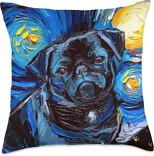 Vista 5 de Sagittarius Gallery Black Pug Starry Night Cute Little Dog Art by Aja Throw Pillow, 16 x 16 pulgadas, multicolor
