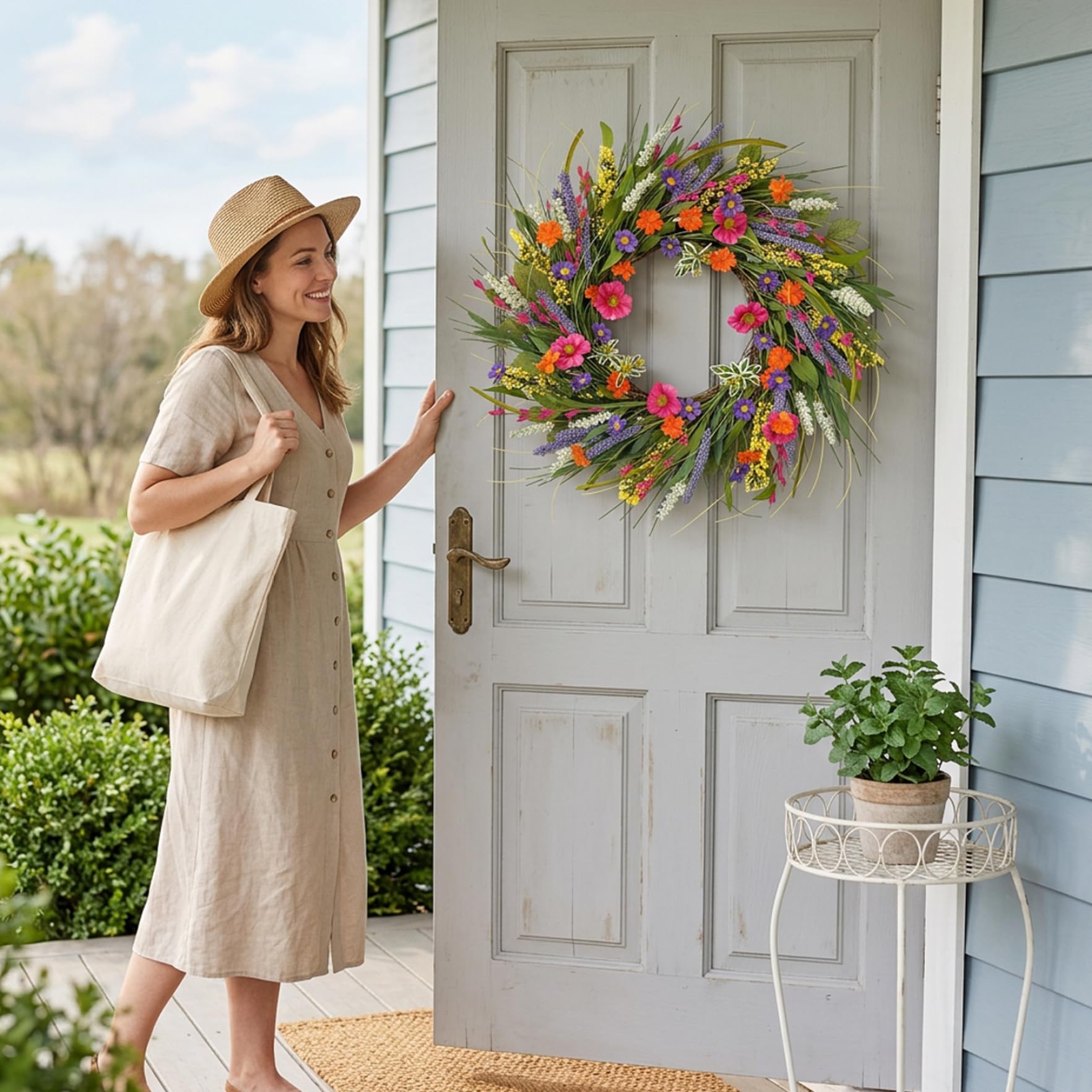 Wildblumenkranz für die Haustür, 40, 6 cm, bunter Frühlingskranz mit realistischen Seidenblumen, Sommerkränze für ganzjährige Heimdekoration, Wildblumen