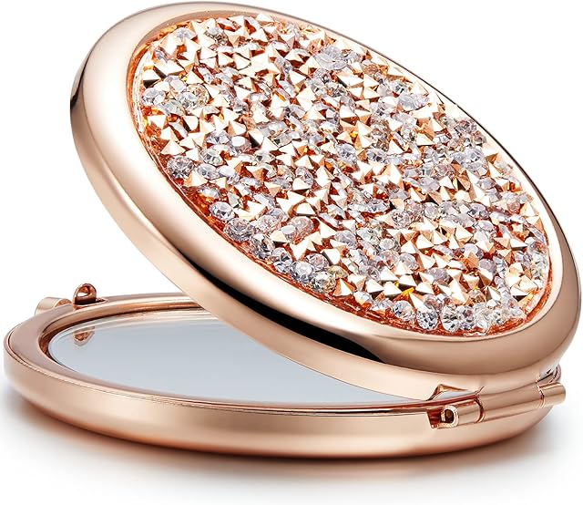 OMIRO Compact Mirror, Mini Mix Diamond 1X/2X Magnifying Round Metal Pocket Makeup Mirror (Rose Gold)