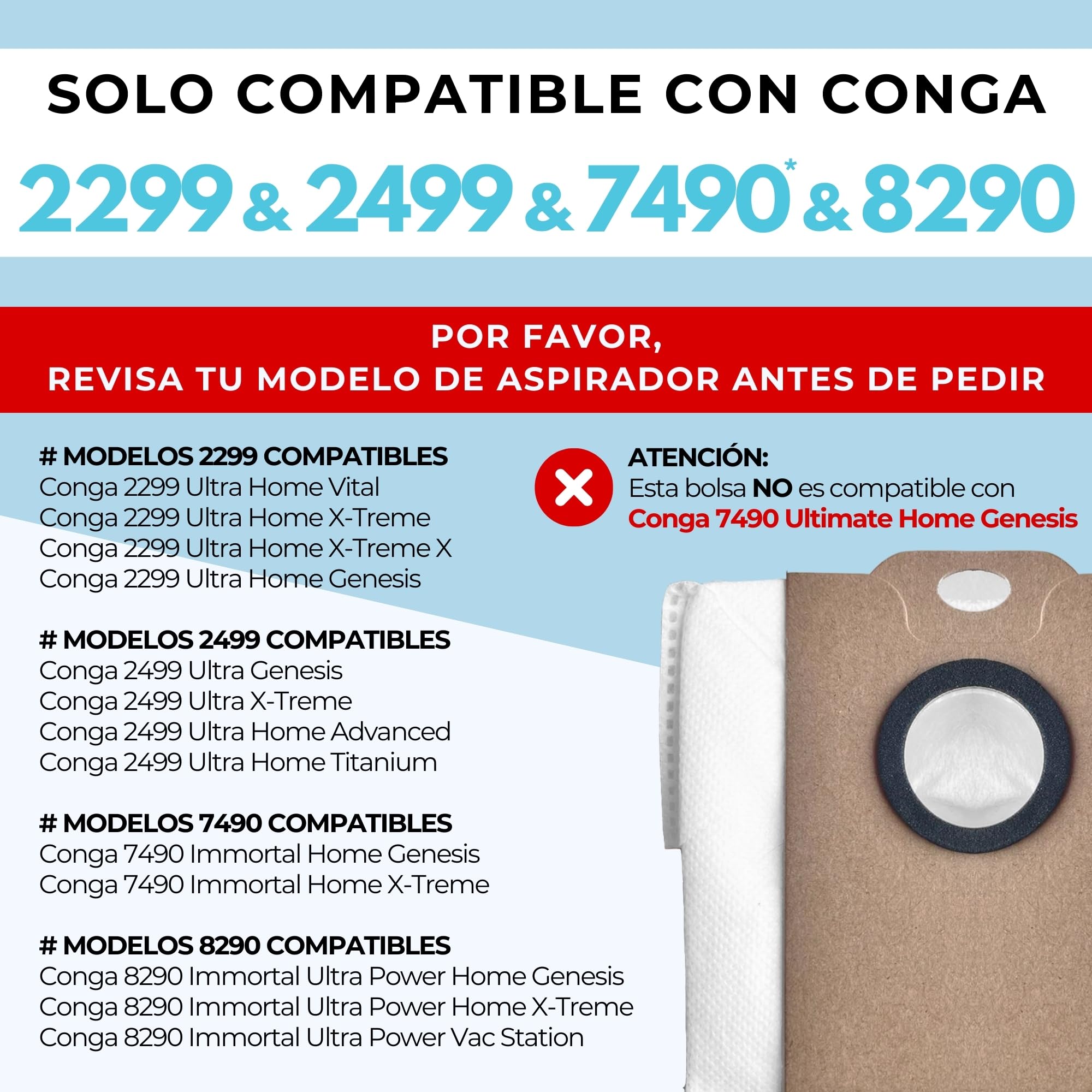 6 Bolsas de Recambio Conga 2299/2499/7490/8290. Compatible con