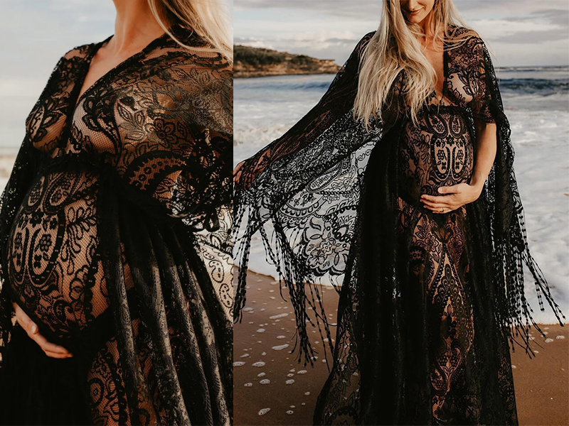 boho maternity dress amazon Flybridal Boho Maternity Dress for Photoshoot Tassels Lace Full Sleeve V- Neckline Summer Pregnancy Dress for Photography Black Size Small at Amazon Women's Clothing store