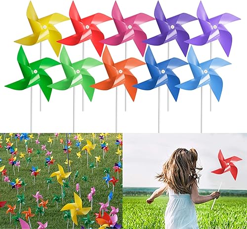 100 molinetes, 10 colores mezclados, hilanderos de viento de juguete y regalos de fiesta para niños, molinillos decorativos al aire libre para patio