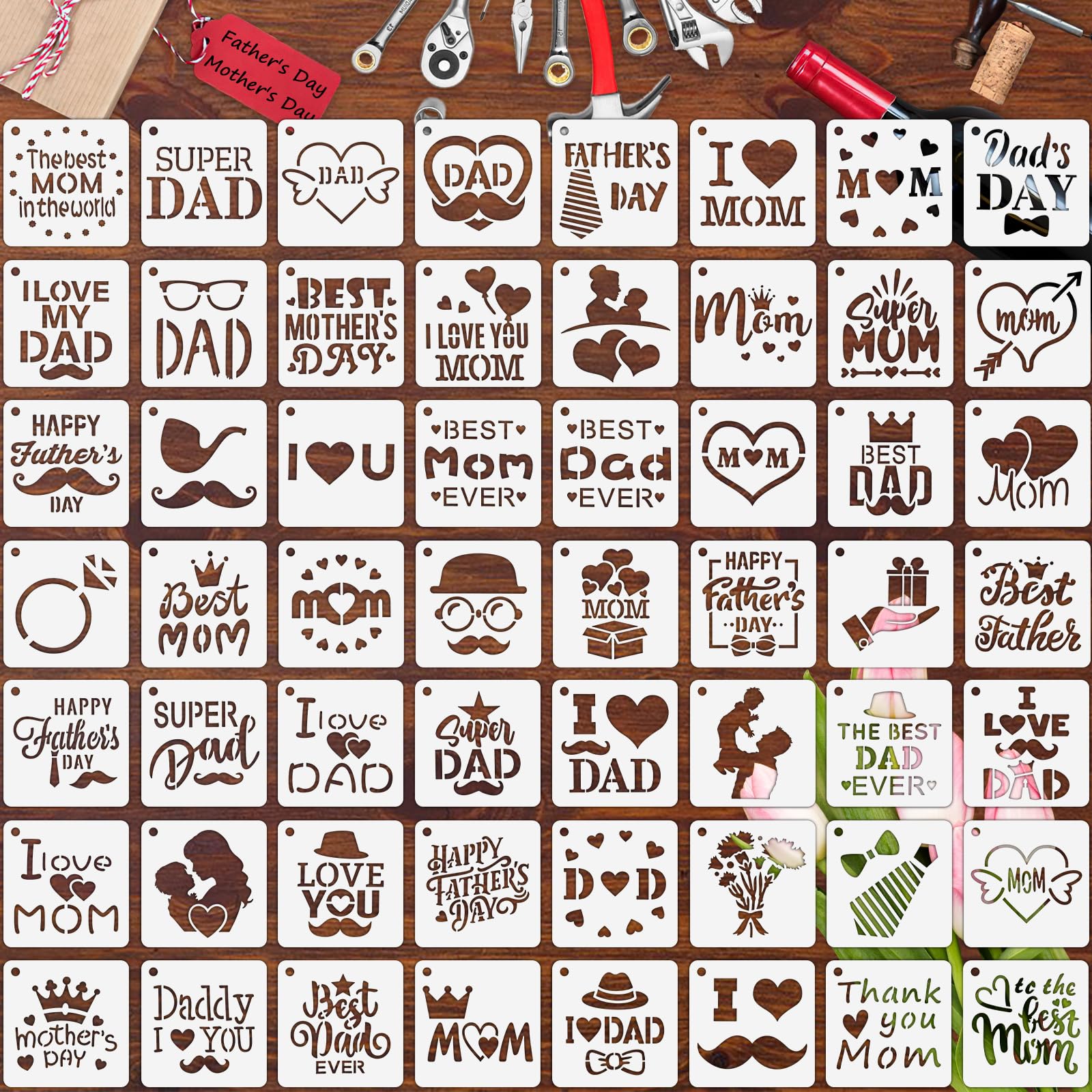 Augshy56pcs Father's Day & Mother's Day Stencils, 3x3 Inch, Reusable, PET Material, Artistic Crafts & Home Decor