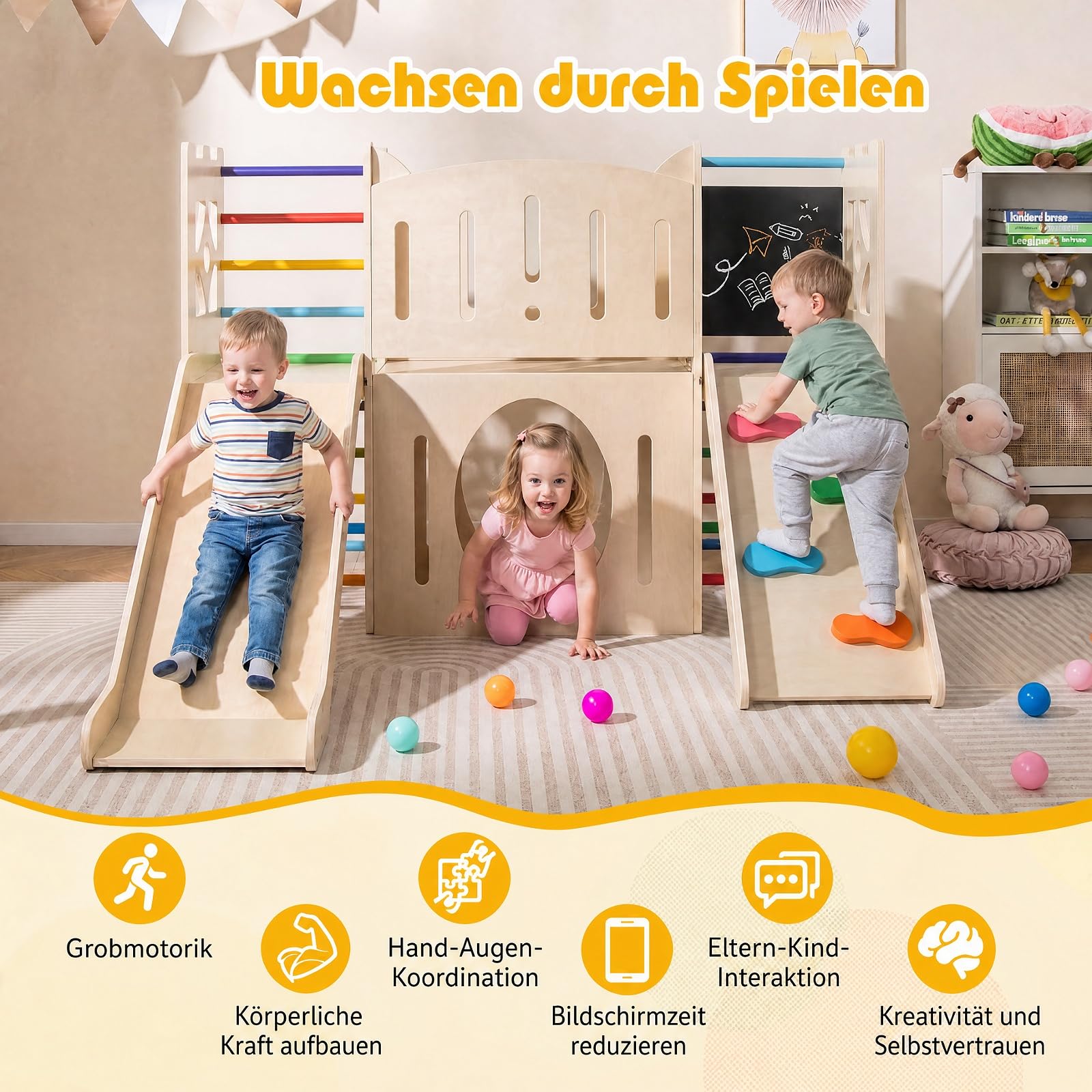 COSTWAY Kinder Rutsche Klettergerüst, 8-in-1 Indoor Spielplatz (Farbig) | Holz Rutsche mit Kletterleiter & Kletterrampe, Tunnel, Tafel, Stauraum, für Kinder ab 3 Jahren