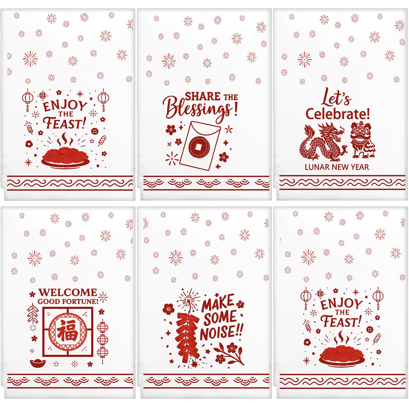 EBOOT 6 Pack Chinese Lunar New Year Kitchen Towels White Absorbent Cloths 24 x 16 Inch for Festival Decorations Printed with Fun Slogans a New Year Gift for Friends and Colleague