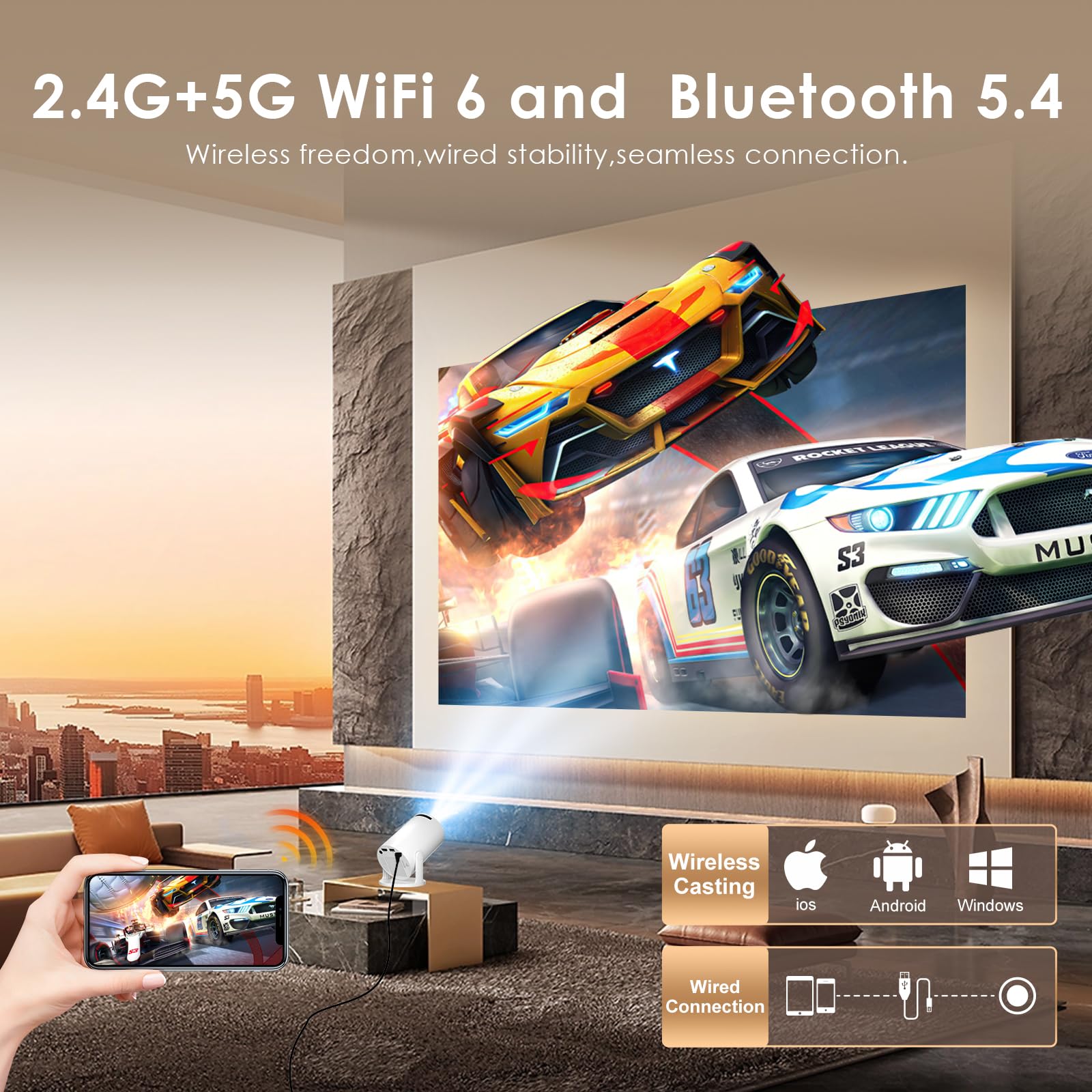Salange Mini rzutnik, 4K, obsługuje inteligentny projektor z systemem Android, przenośny projektor wideo z WiFi 6 i Bluetooth 5.2 Auto Keystone, mały telefon komórkowy, do kina domowego, na zewnątrz