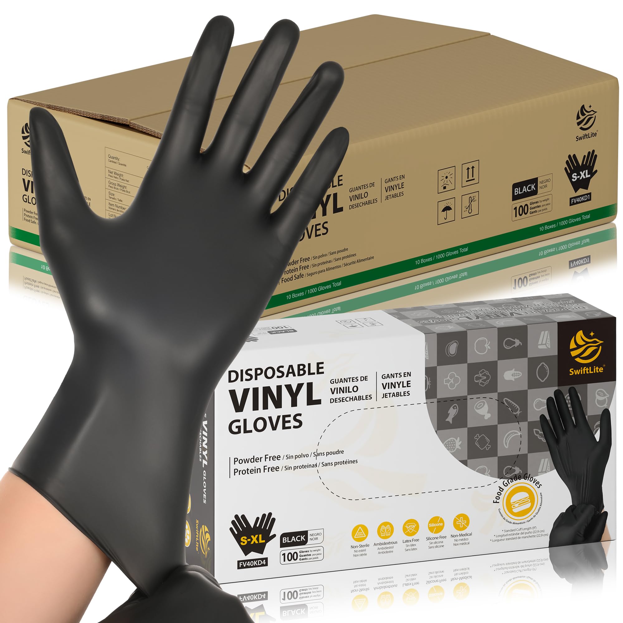 SWIFTLITE Black Vinyl Gloves, Food Grade Gloves Disposable Latex Free & Powder Free, Guantes for Cleaning Cooking Food Prep