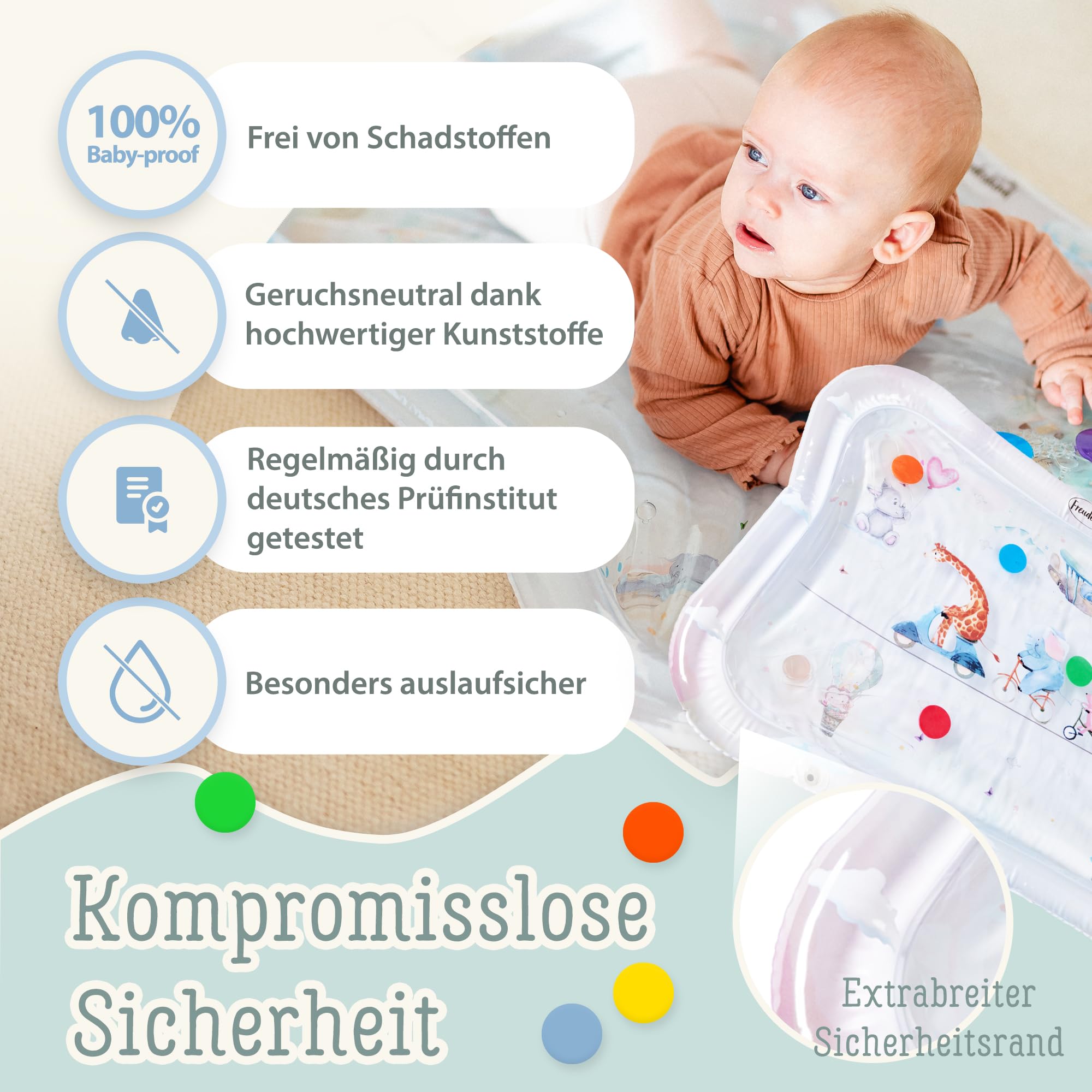 TummyTime Wassermatte XXL by Freudeskind, Baby Wasserspielmatte, 100% Phtalate- & BPA-frei ab 0, 3, 6, oder 9 bis 24 Monate, Sensorische Montessori Spielmatte, Babyspielzeug Bauchlage